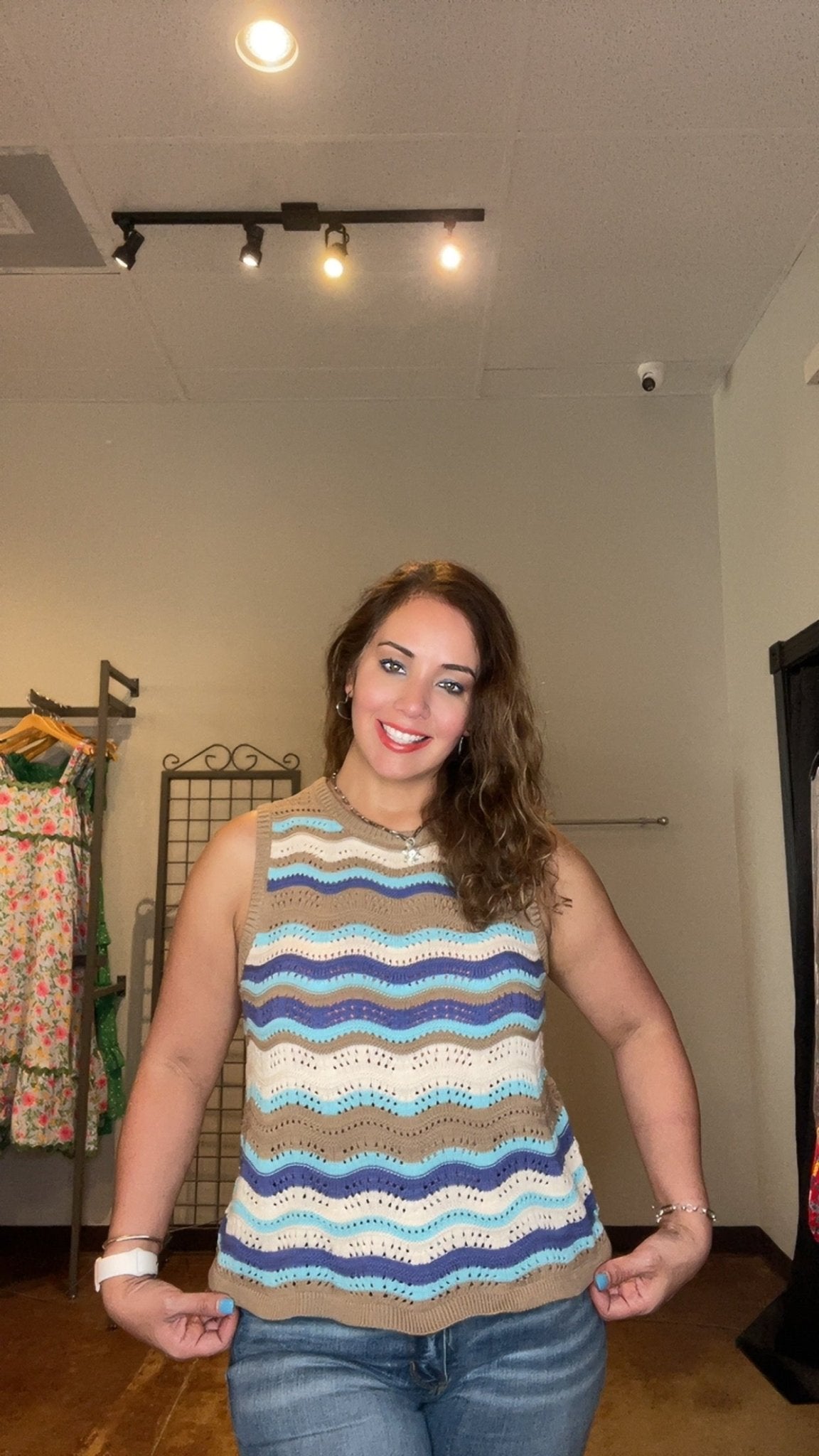 Round Neck Wavy Stripe Stitch Sweater Tank - Mainstream Boutique