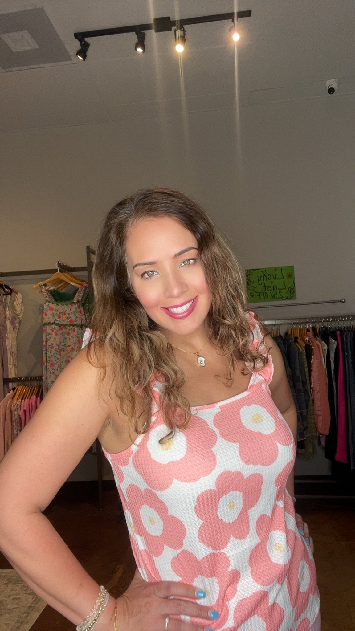 Floral Waffle Knit Ruffle Strap Top - Mainstream Boutique