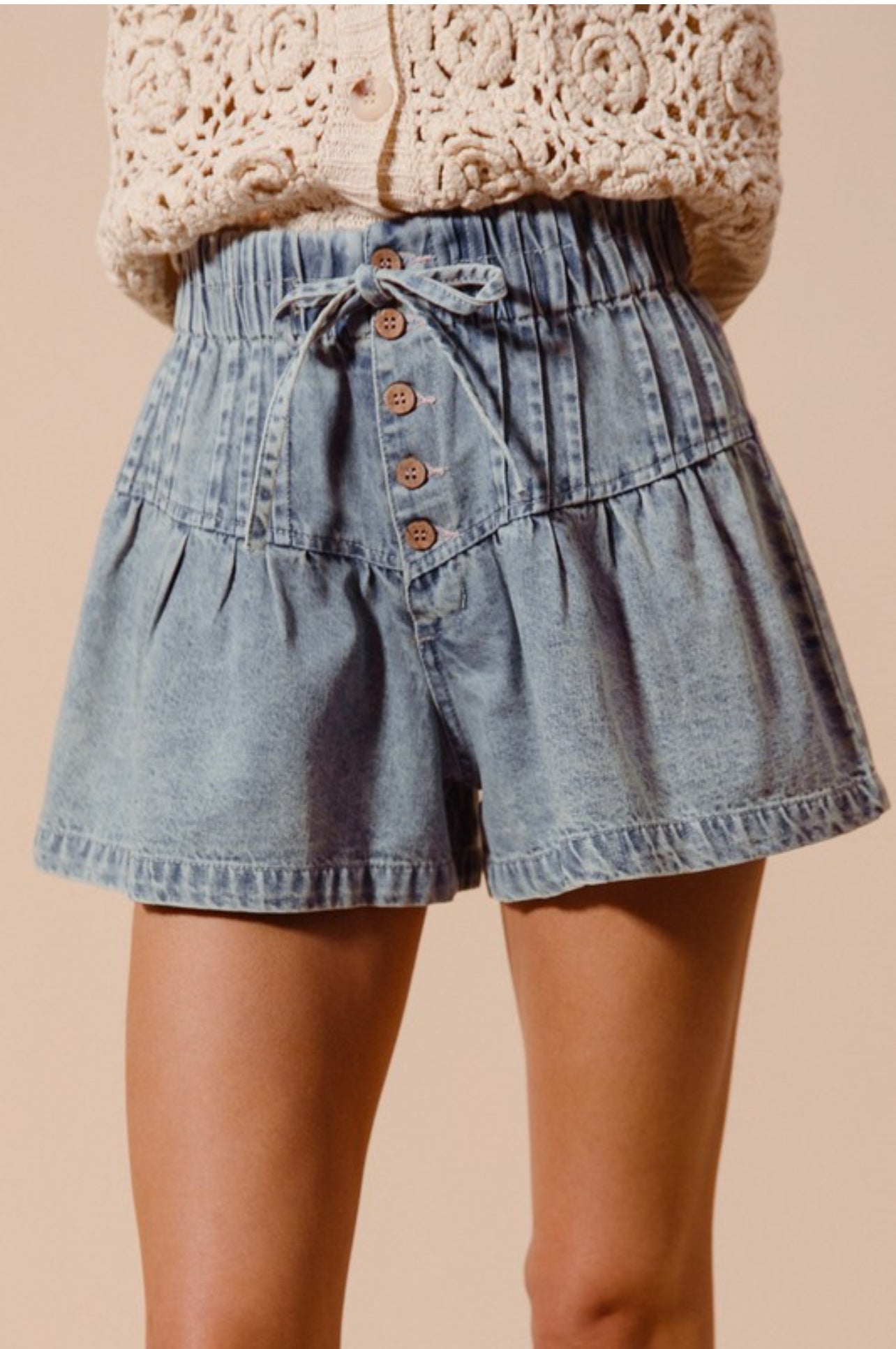 Flared Denim Shorts With Elastic Waist - Mainstream Boutique