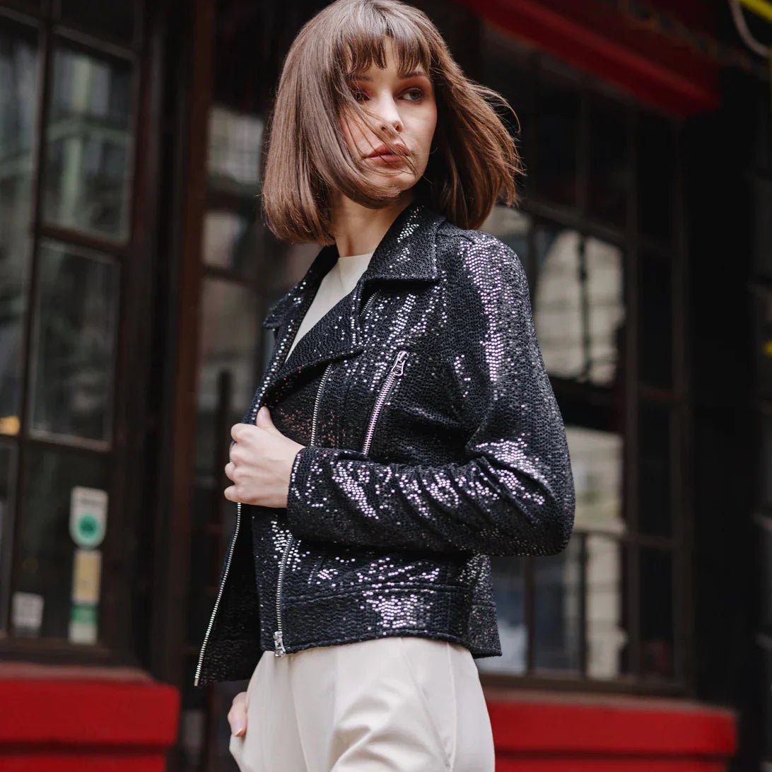 Sequin Knit - Moto Waist Jacket - Black - Mainstream Boutique