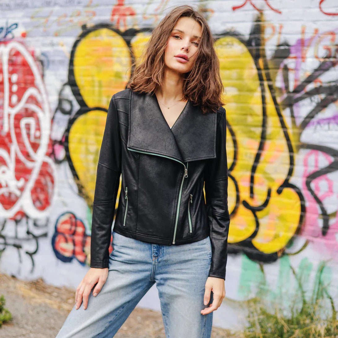 Liquid Leather™ Drape Neck Zip Jacket - Black - Mainstream Boutique