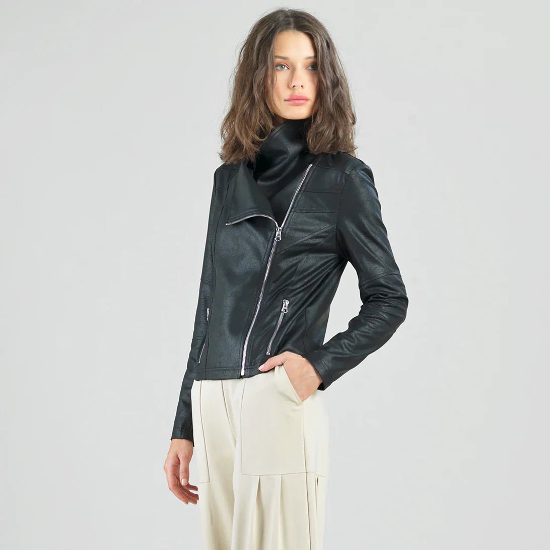 Liquid Leather™ Drape Neck Zip Jacket - Black - Mainstream Boutique