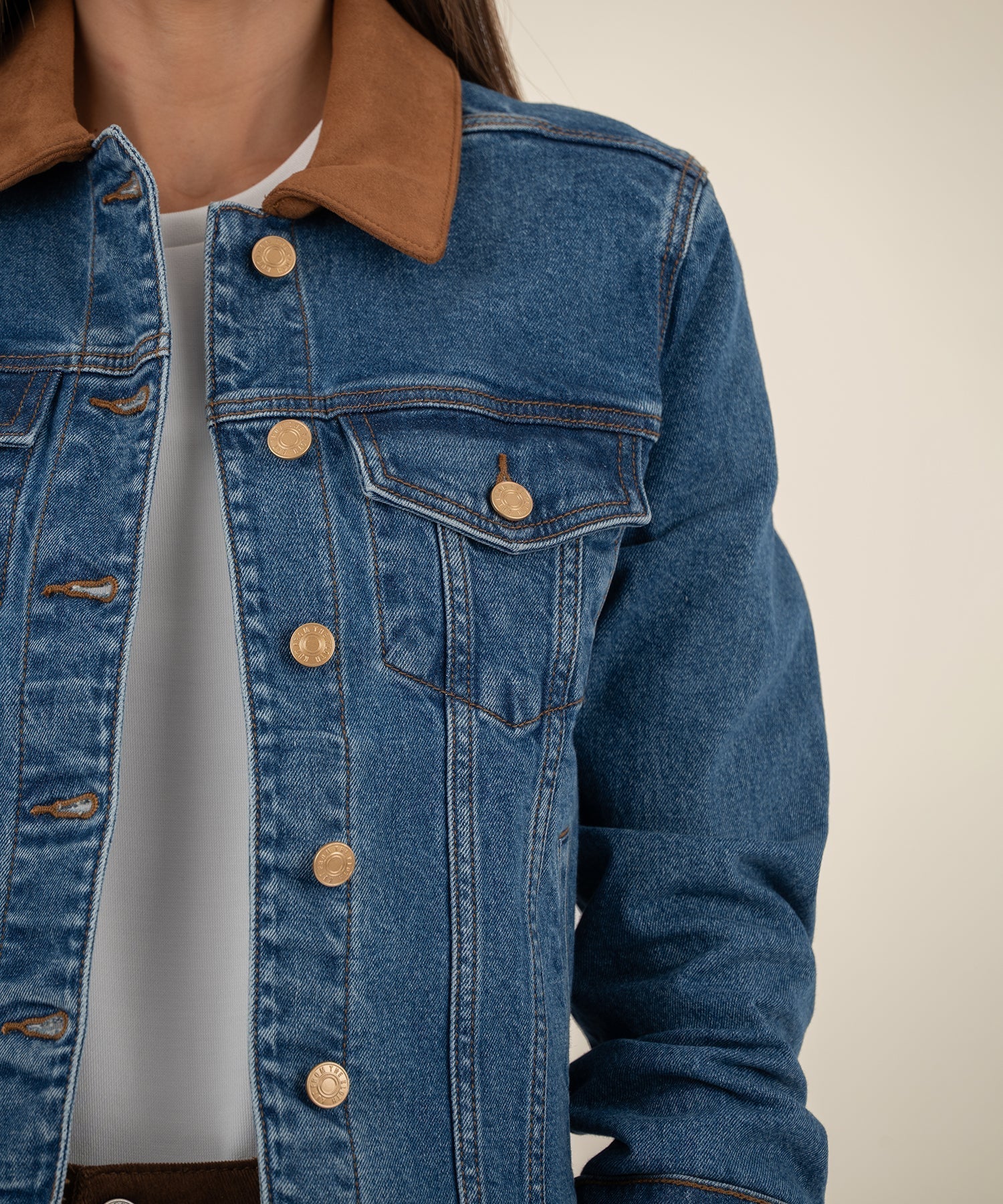 Kerry Denim Jacket With Raw Hem And Suede Collar - Mainstream Boutique