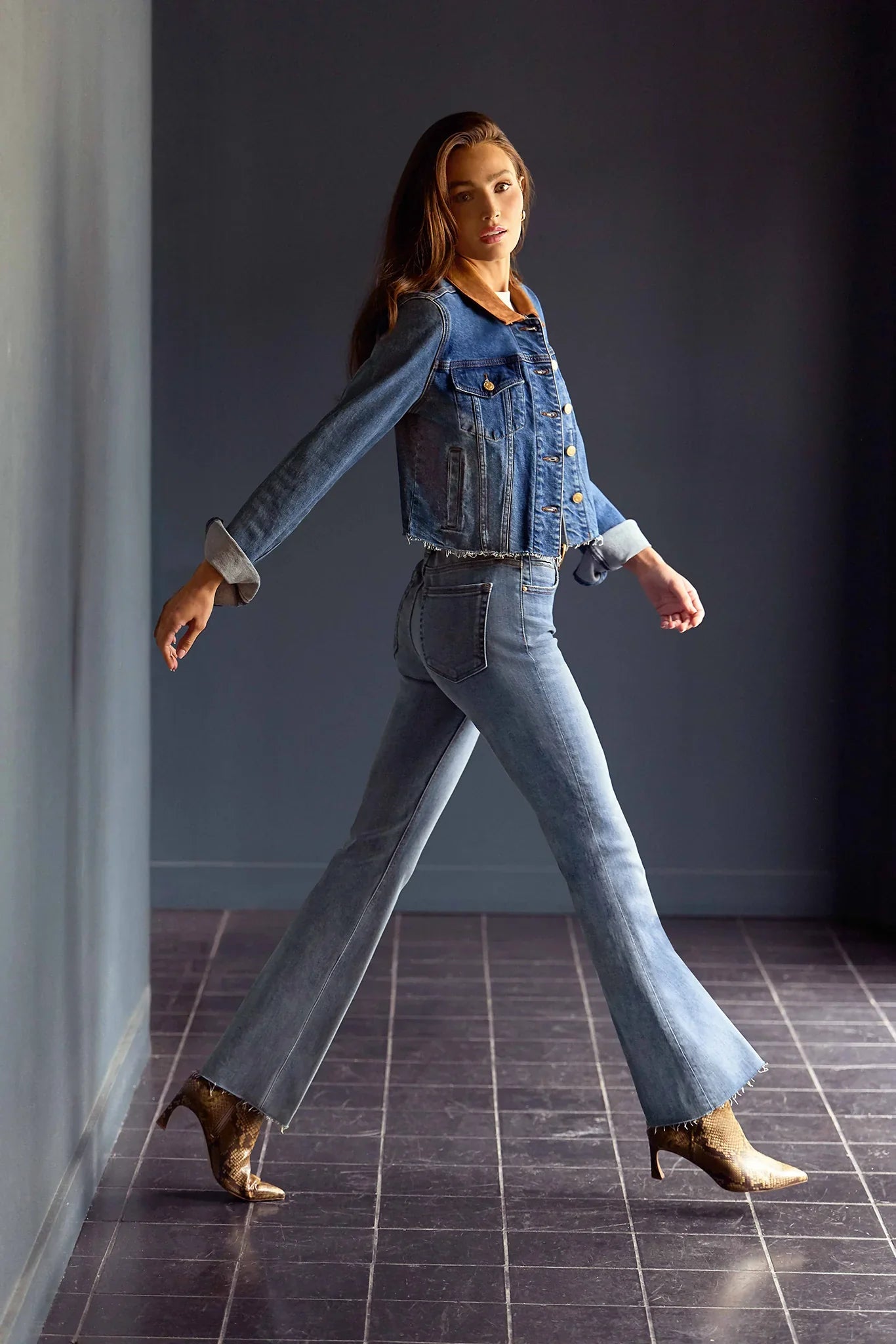 Kerry Denim Jacket With Raw Hem And Suede Collar - Mainstream Boutique