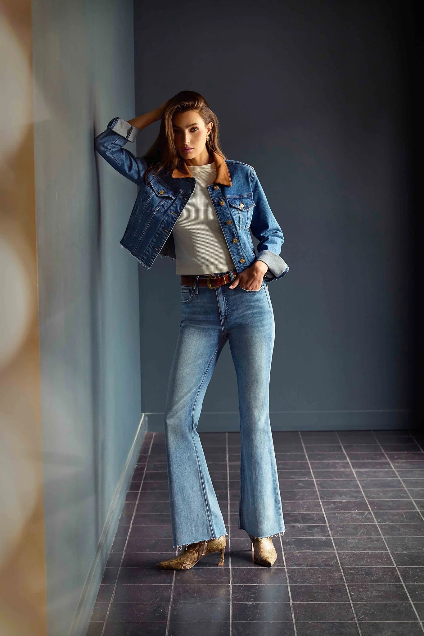 Kerry Denim Jacket With Raw Hem And Suede Collar - Mainstream Boutique