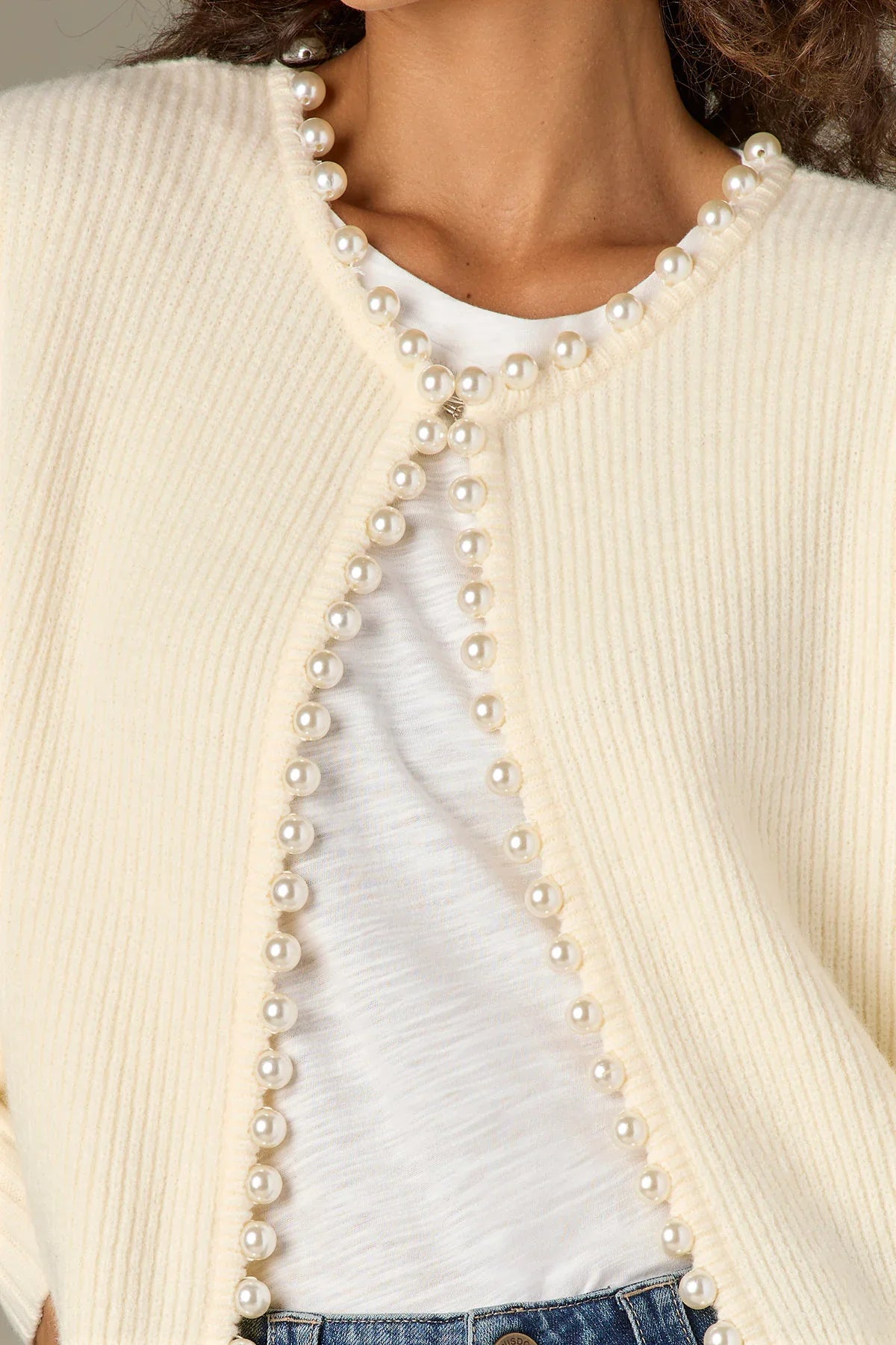 Round Neck Sweater Cardigan With Pearl Beaded Edge - Mainstream Boutique