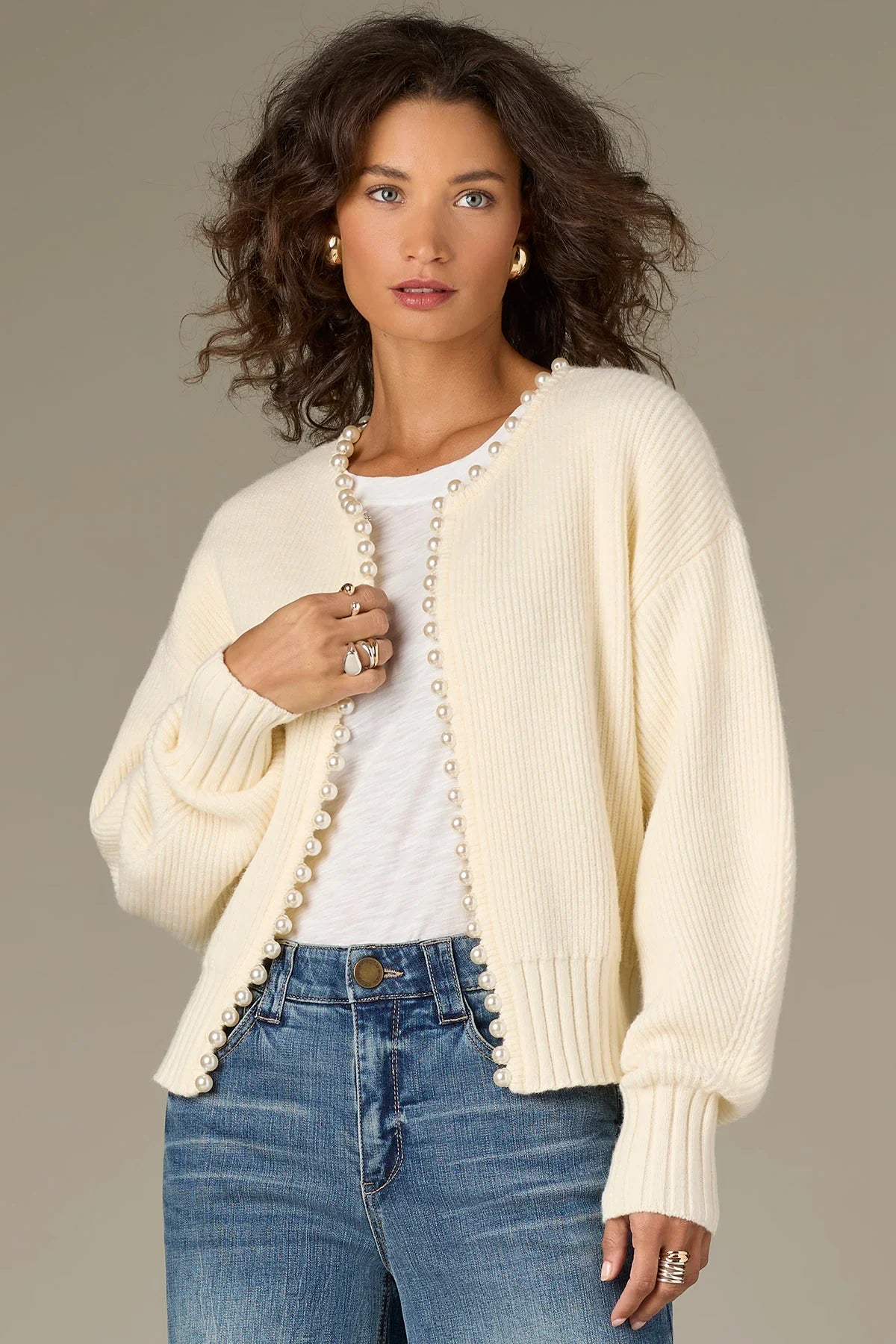 Round Neck Sweater Cardigan With Pearl Beaded Edge - Mainstream Boutique