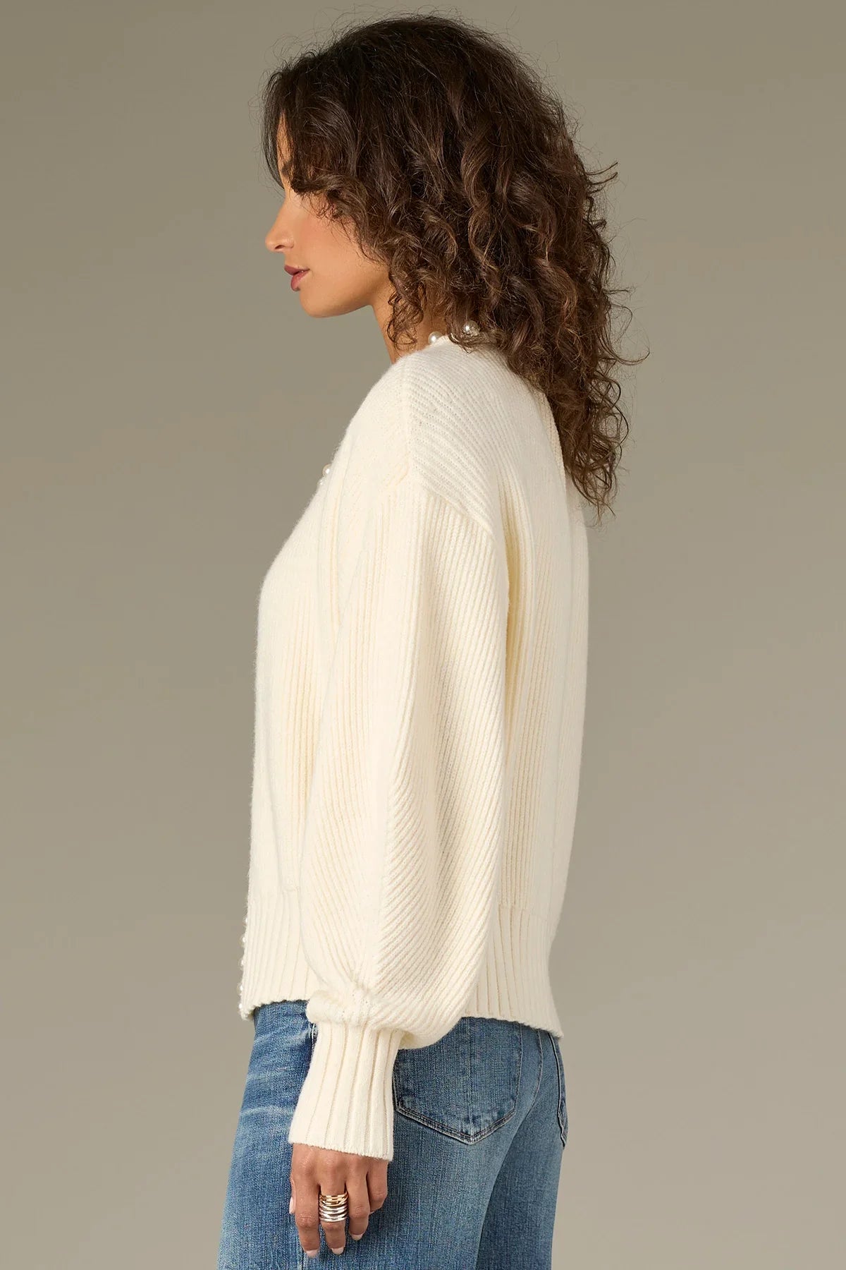 Round Neck Sweater Cardigan With Pearl Beaded Edge - Mainstream Boutique