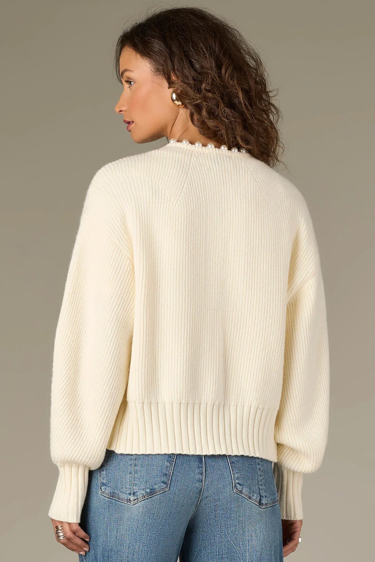 Round Neck Sweater Cardigan With Pearl Beaded Edge - Mainstream Boutique