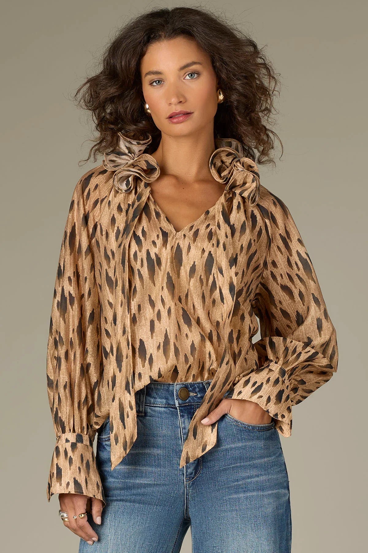 French Cuff Sleeve Babylock Wired Edge Collar Animal Print Woven Top - Mainstream Boutique