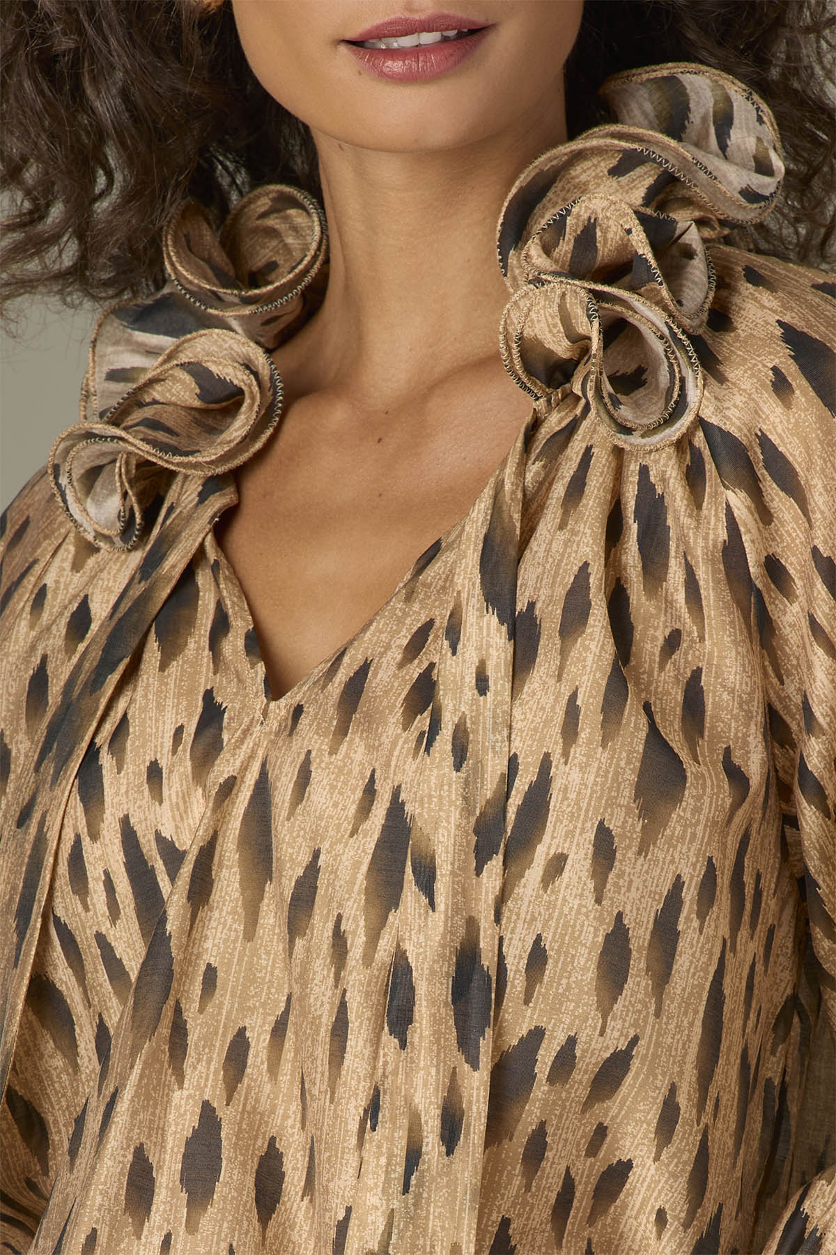 French Cuff Sleeve Babylock Wired Edge Collar Animal Print Woven Top - Mainstream Boutique