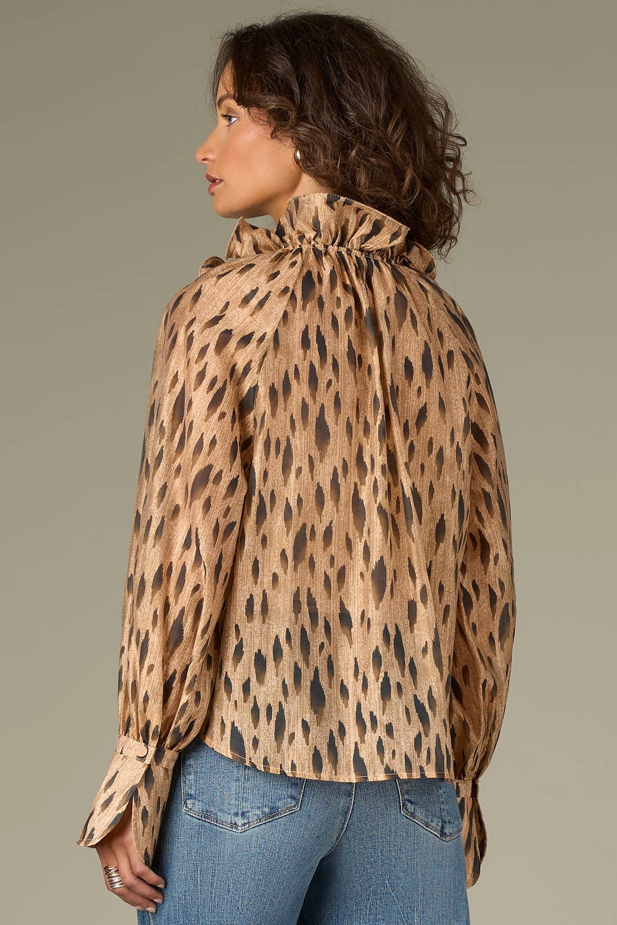 French Cuff Sleeve Babylock Wired Edge Collar Animal Print Woven Top - Mainstream Boutique