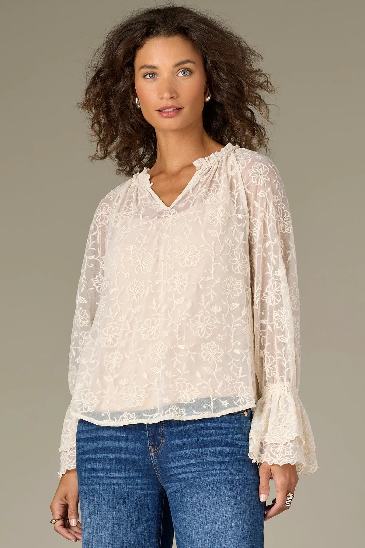 Long Double Flounce Sleeve Ruffle Neck Scallop Edge Woven Top - Mainstream Boutique