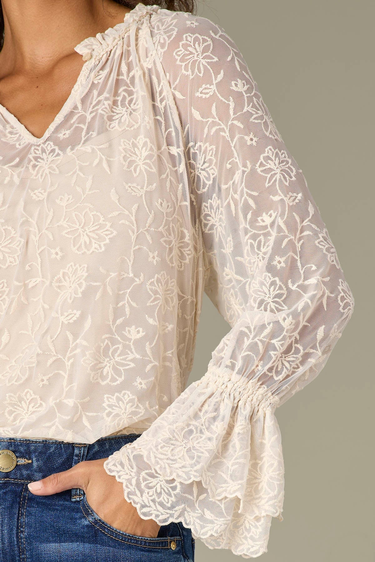 Long Double Flounce Sleeve Ruffle Neck Scallop Edge Woven Top - Mainstream Boutique