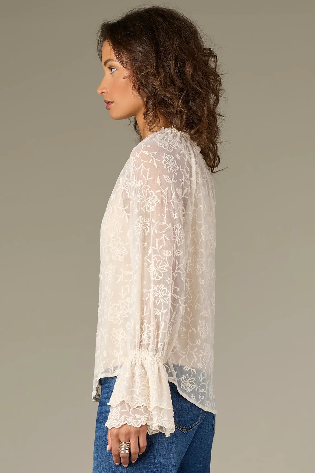Long Double Flounce Sleeve Ruffle Neck Scallop Edge Woven Top - Mainstream Boutique