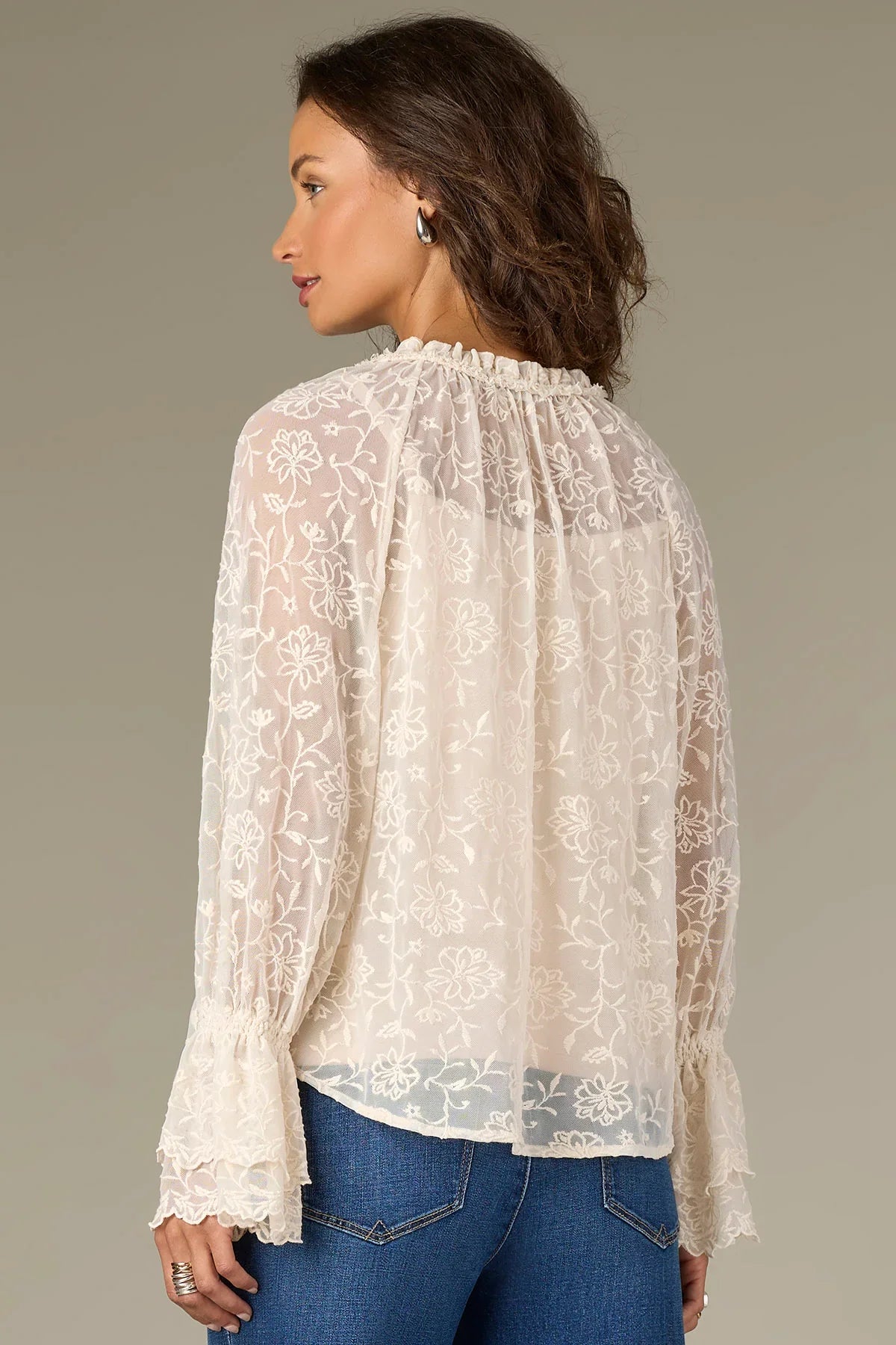 Long Double Flounce Sleeve Ruffle Neck Scallop Edge Woven Top - Mainstream Boutique