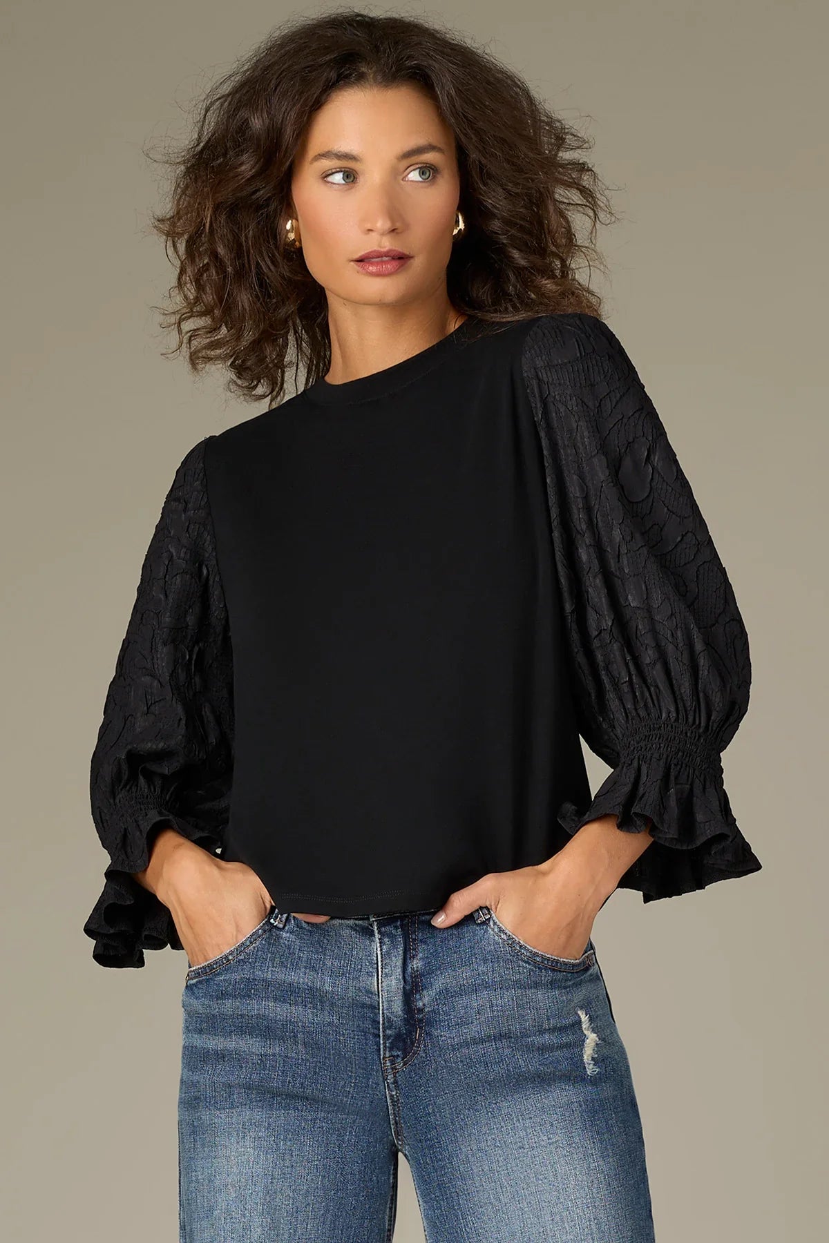 3/4 Flounce Sleeve Mixed Media Knit Top - Mainstream Boutique