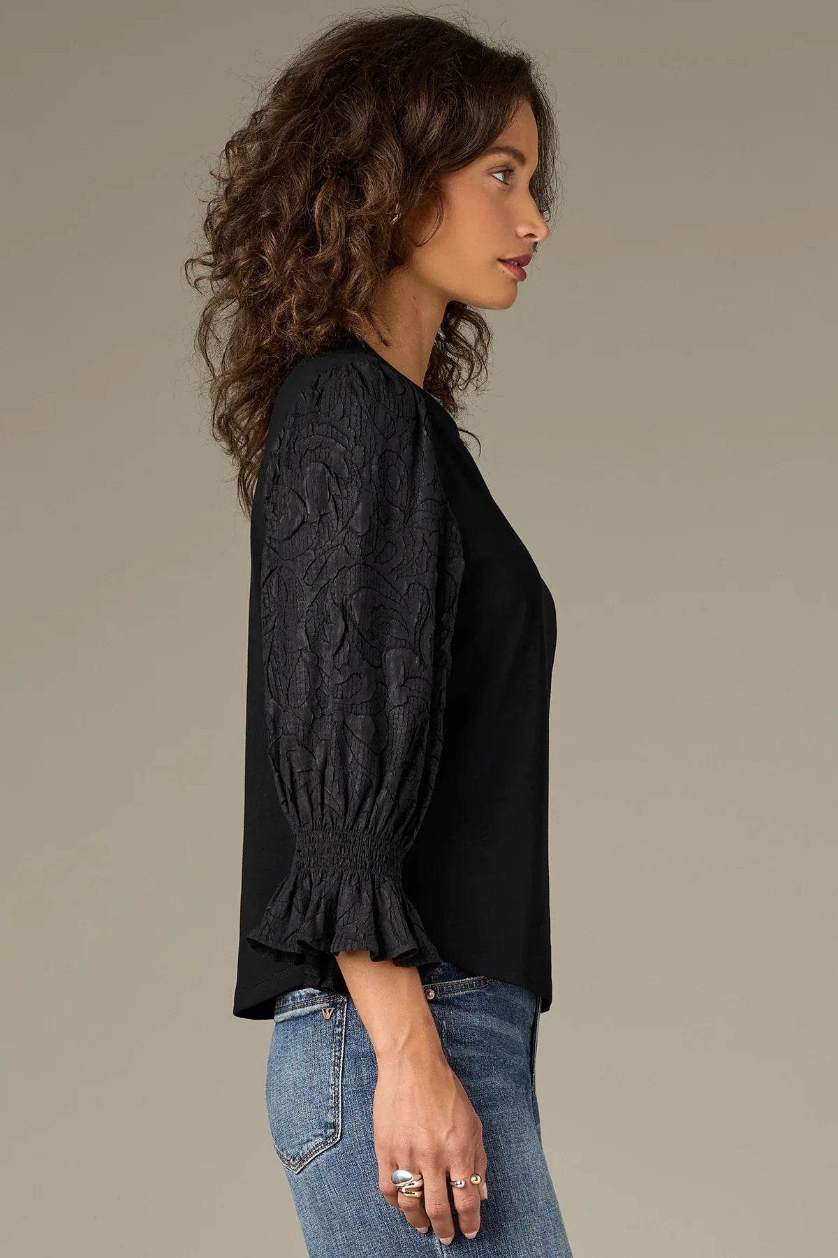 3/4 Flounce Sleeve Mixed Media Knit Top - Mainstream Boutique