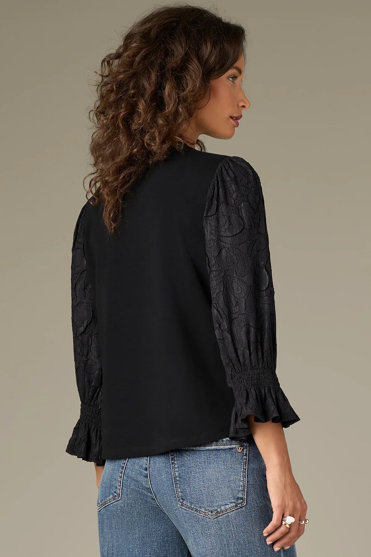 3/4 Flounce Sleeve Mixed Media Knit Top - Mainstream Boutique