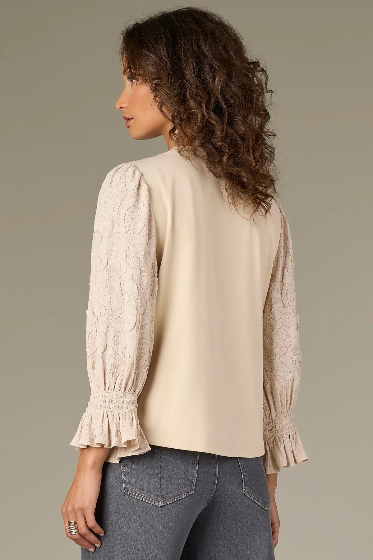3/4 Flounce Sleeve Mixed Media Knit Top - Mainstream Boutique