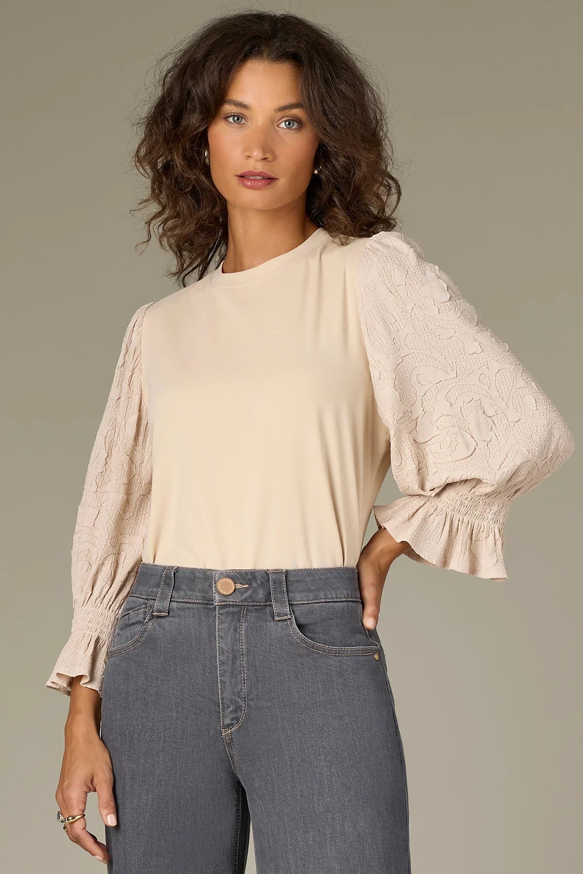 3/4 Flounce Sleeve Mixed Media Knit Top - Mainstream Boutique