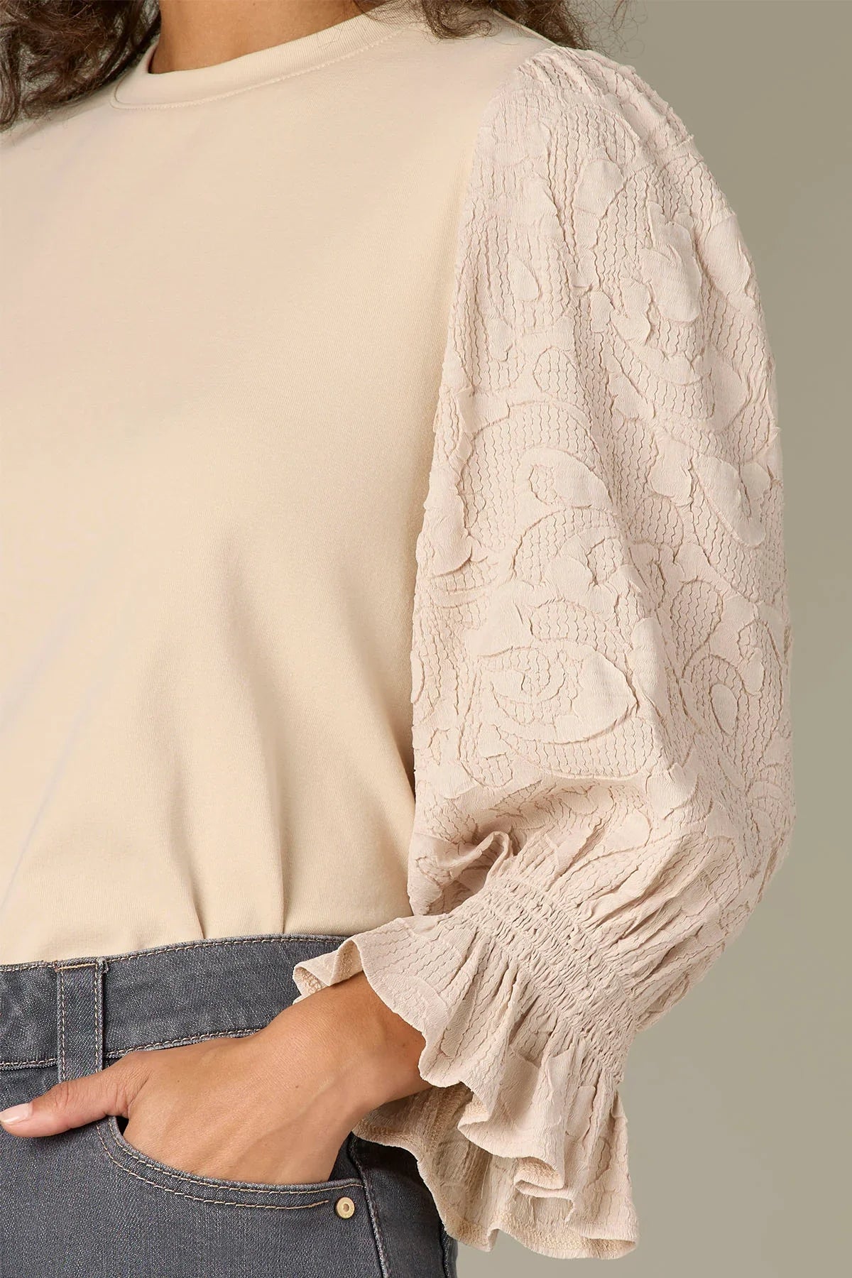 3/4 Flounce Sleeve Mixed Media Knit Top - Mainstream Boutique