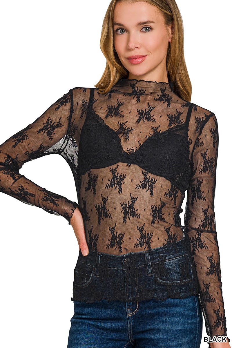 Long Sleeve Lace Mock Neck Top - Mainstream Boutique