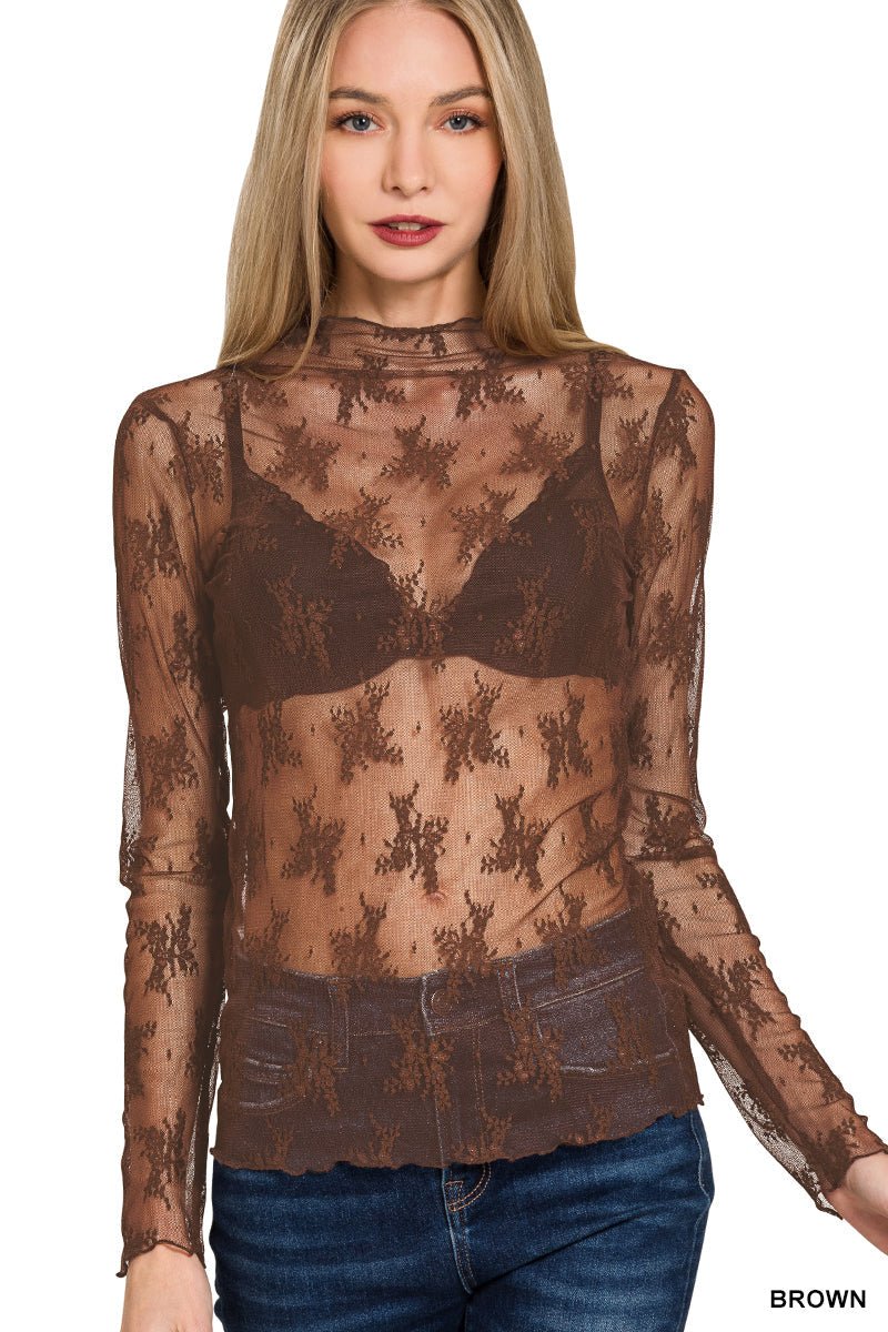 Long Sleeve Lace Mock Neck Top - Mainstream Boutique