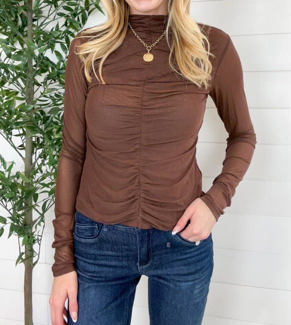 Mac & Me Sheer Ruched Mock Neck Top - Mainstream Boutique