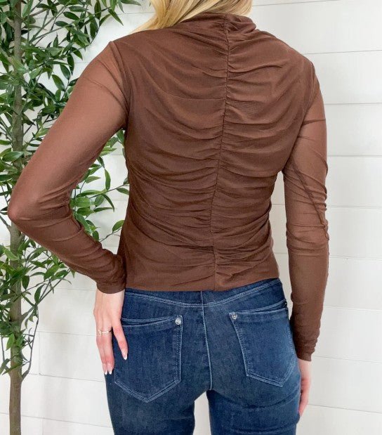 Mac & Me Sheer Ruched Mock Neck Top - Mainstream Boutique
