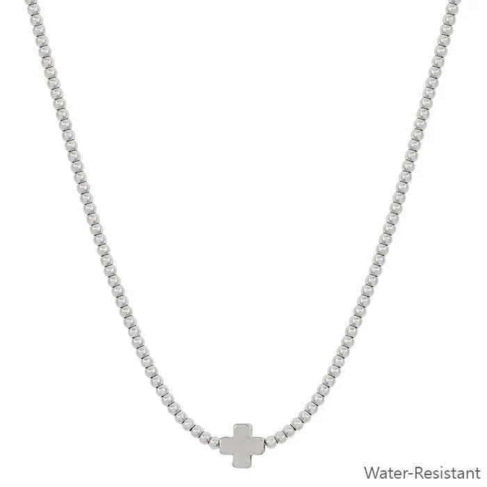Silver Beaded Chain With Silver Cross Necklace And Stud Earring Set - Mainstream Boutique