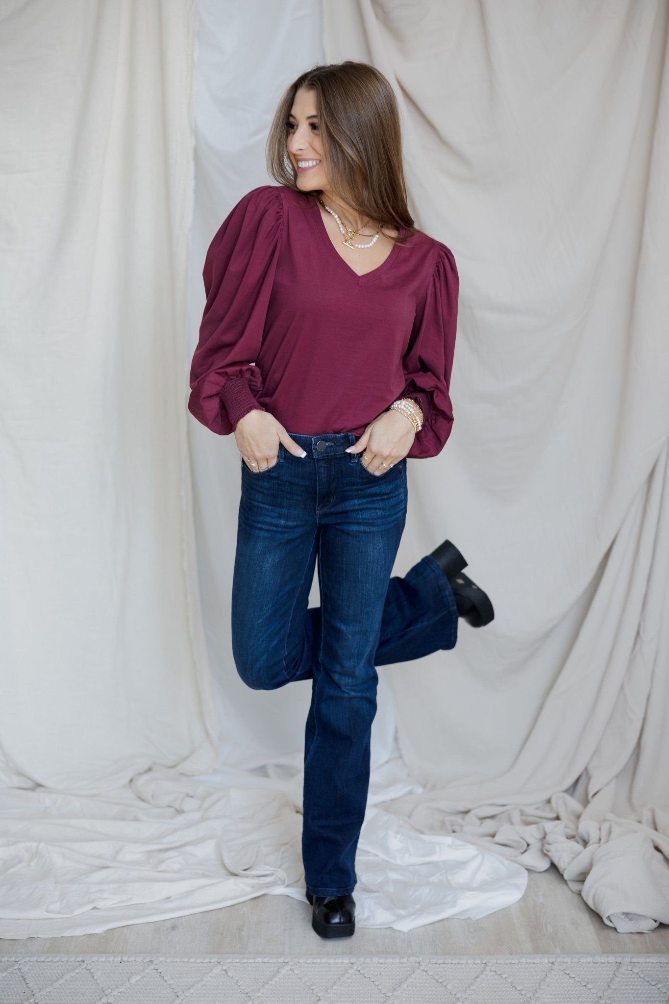 V - Neck Smocked Wrist Top - Mainstream Boutique