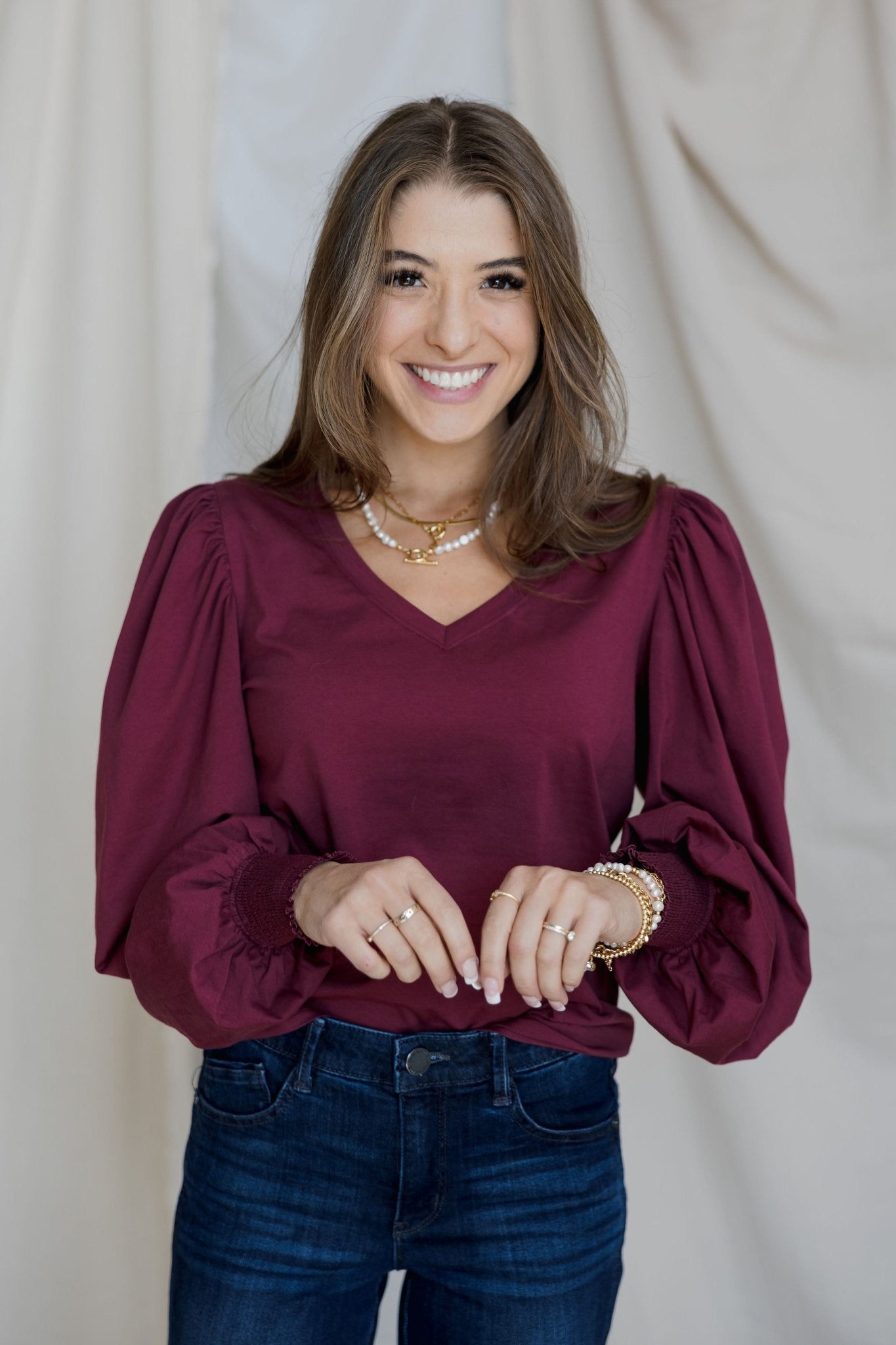V - Neck Smocked Wrist Top - Mainstream Boutique