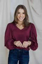 V - Neck Smocked Wrist Top - Mainstream Boutique