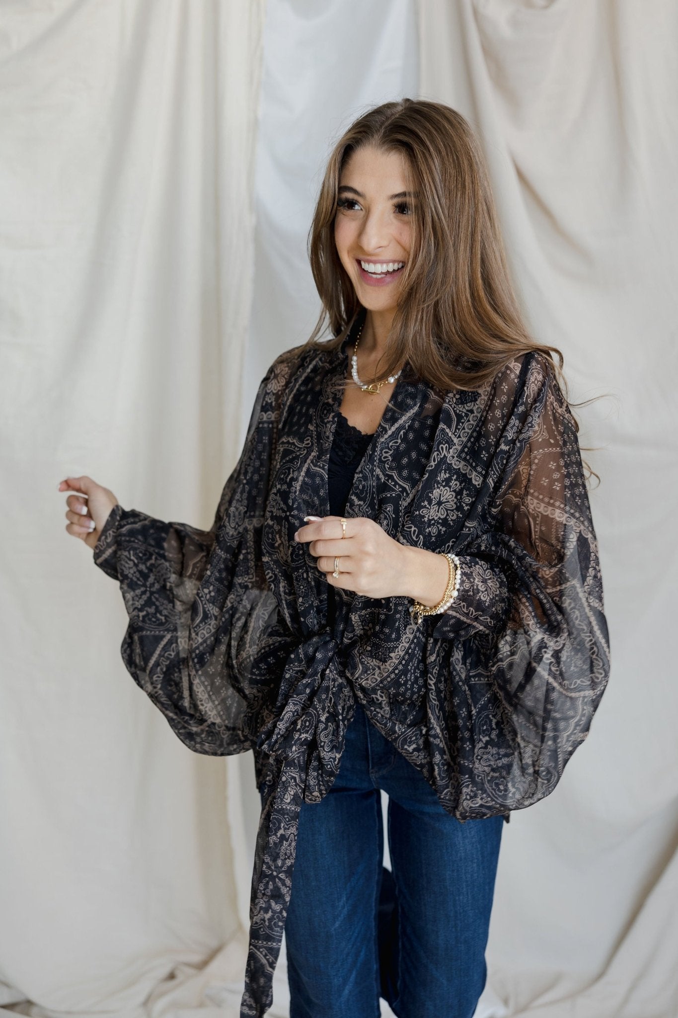 Tie Front Kimono Blouse - Black Bandana - Mainstream Boutique