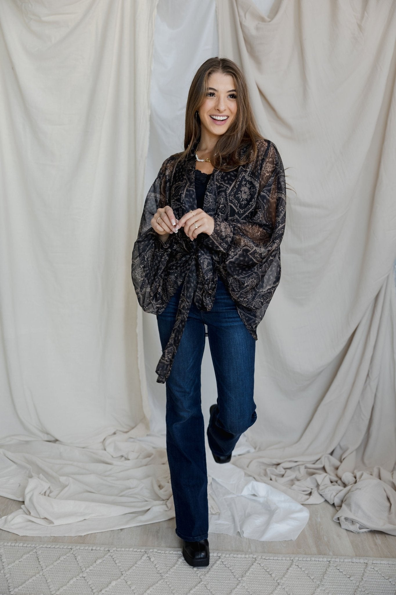 Tie Front Kimono Blouse - Black Bandana - Mainstream Boutique