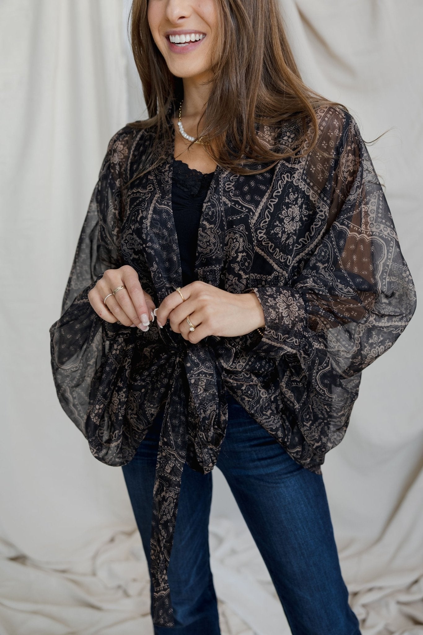 Tie Front Kimono Blouse - Black Bandana - Mainstream Boutique