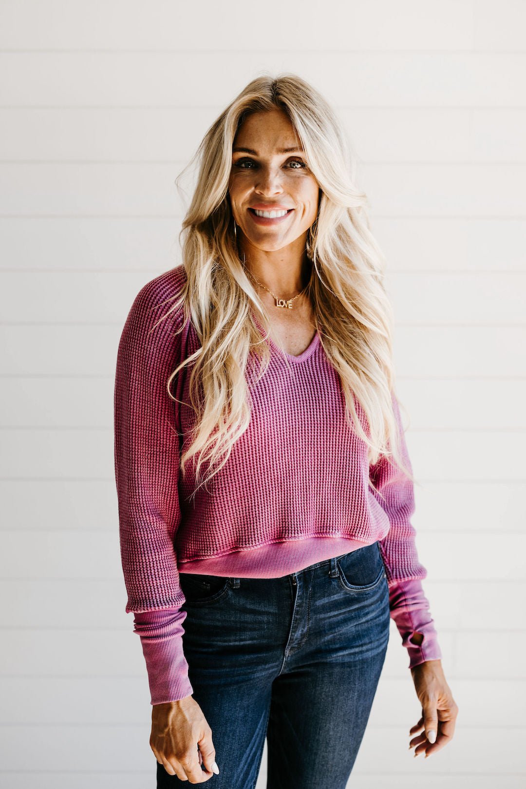Everyday Vintage Waffle Sweater - Fuchsia - Mainstream Boutique