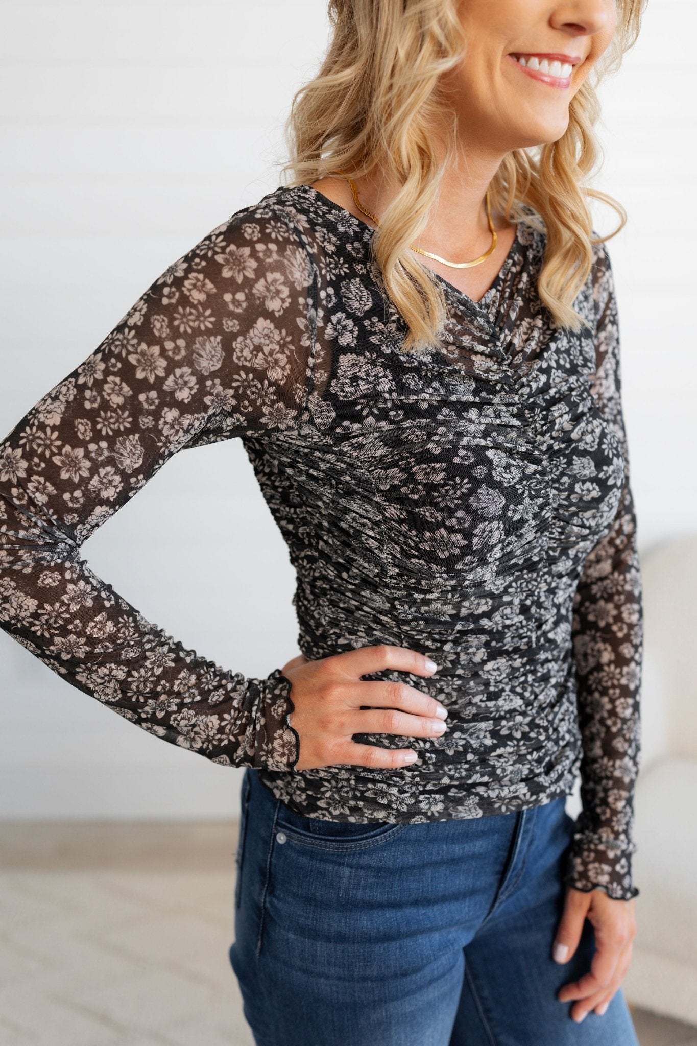 Lettuce Hem Mesh Print Top - Mainstream Boutique