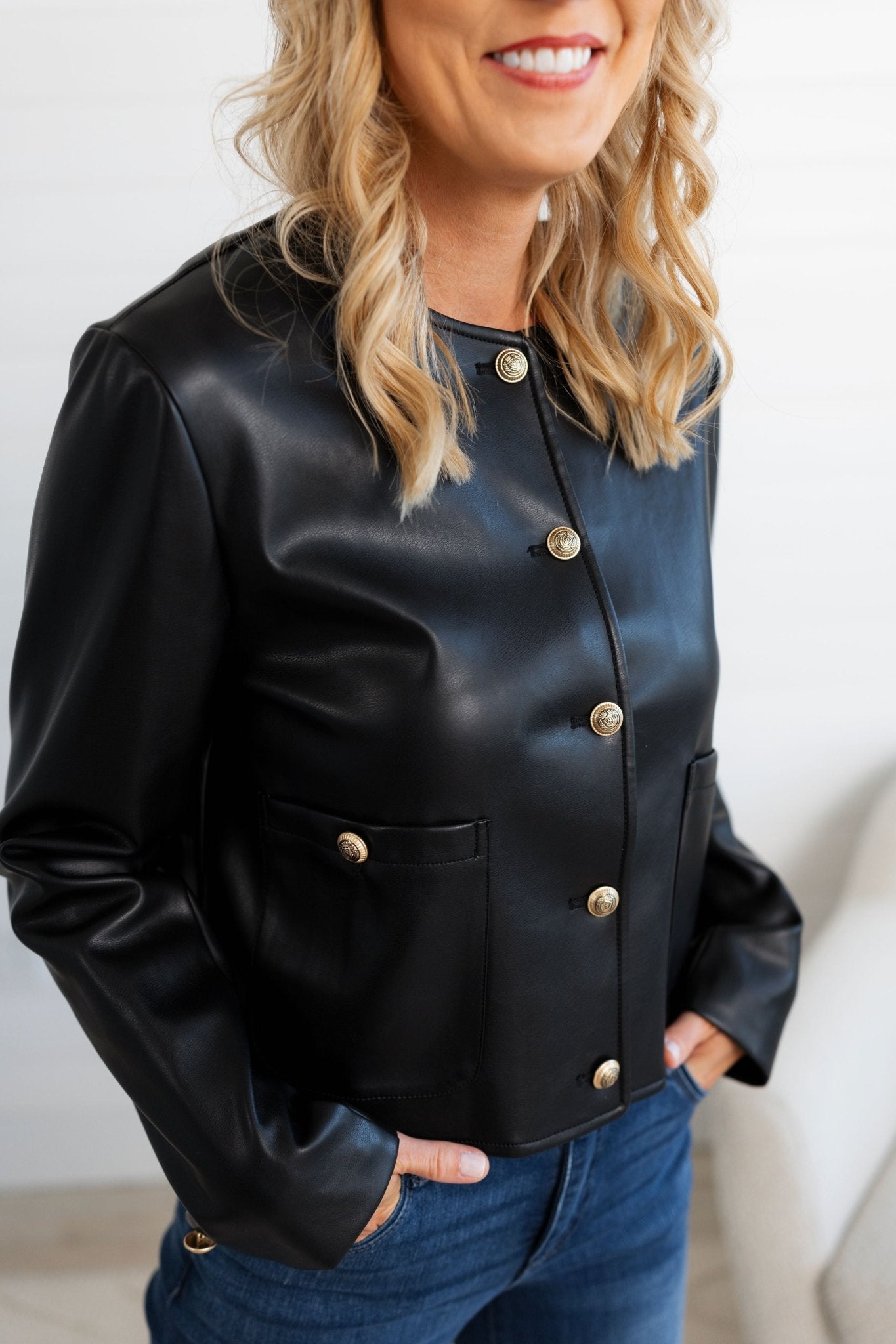 Faux Leather Collarless Jacket - Mainstream Boutique