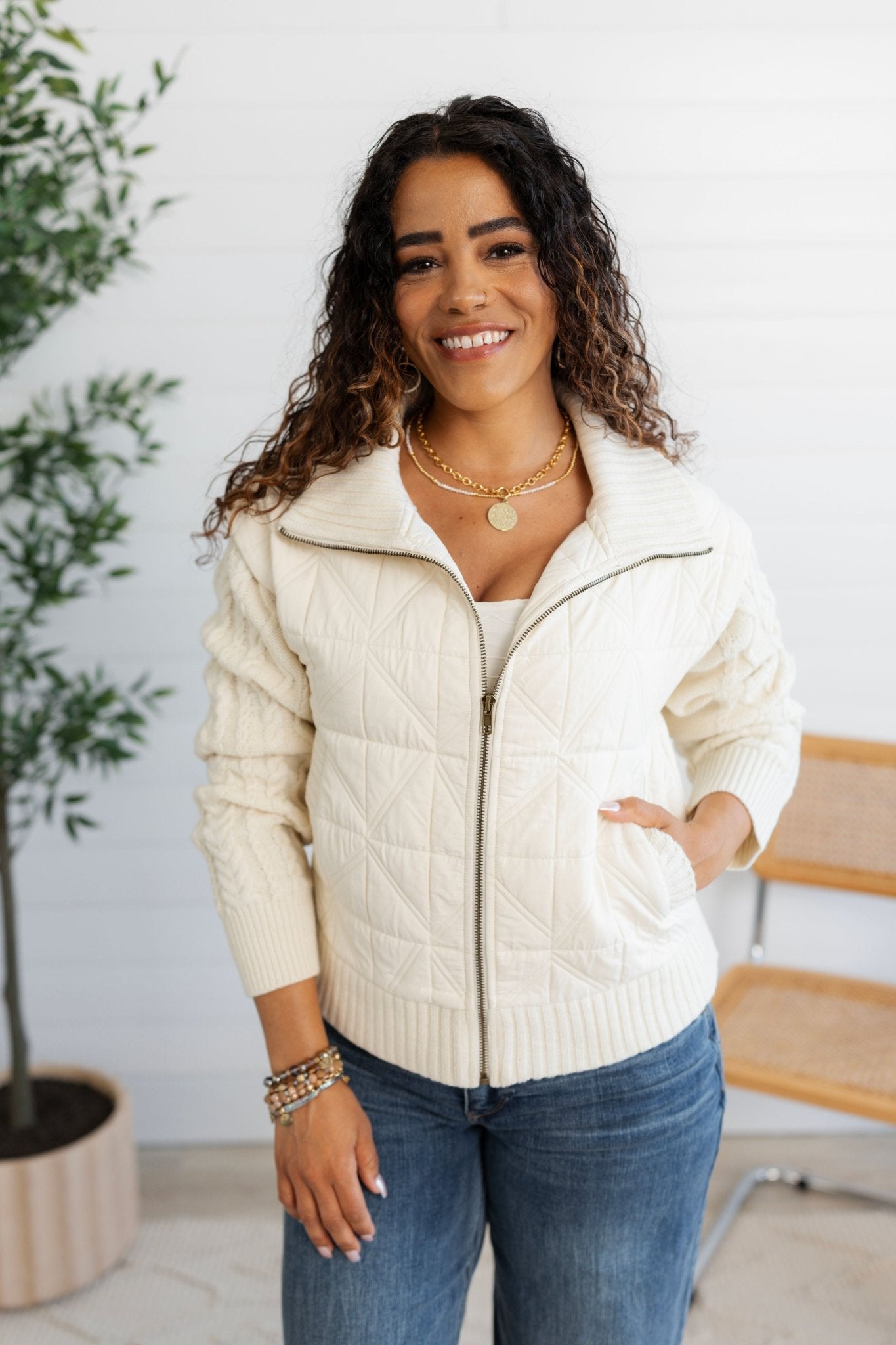 Sweater Sleeve Diamond Quilted Jacket - Mainstream Boutique