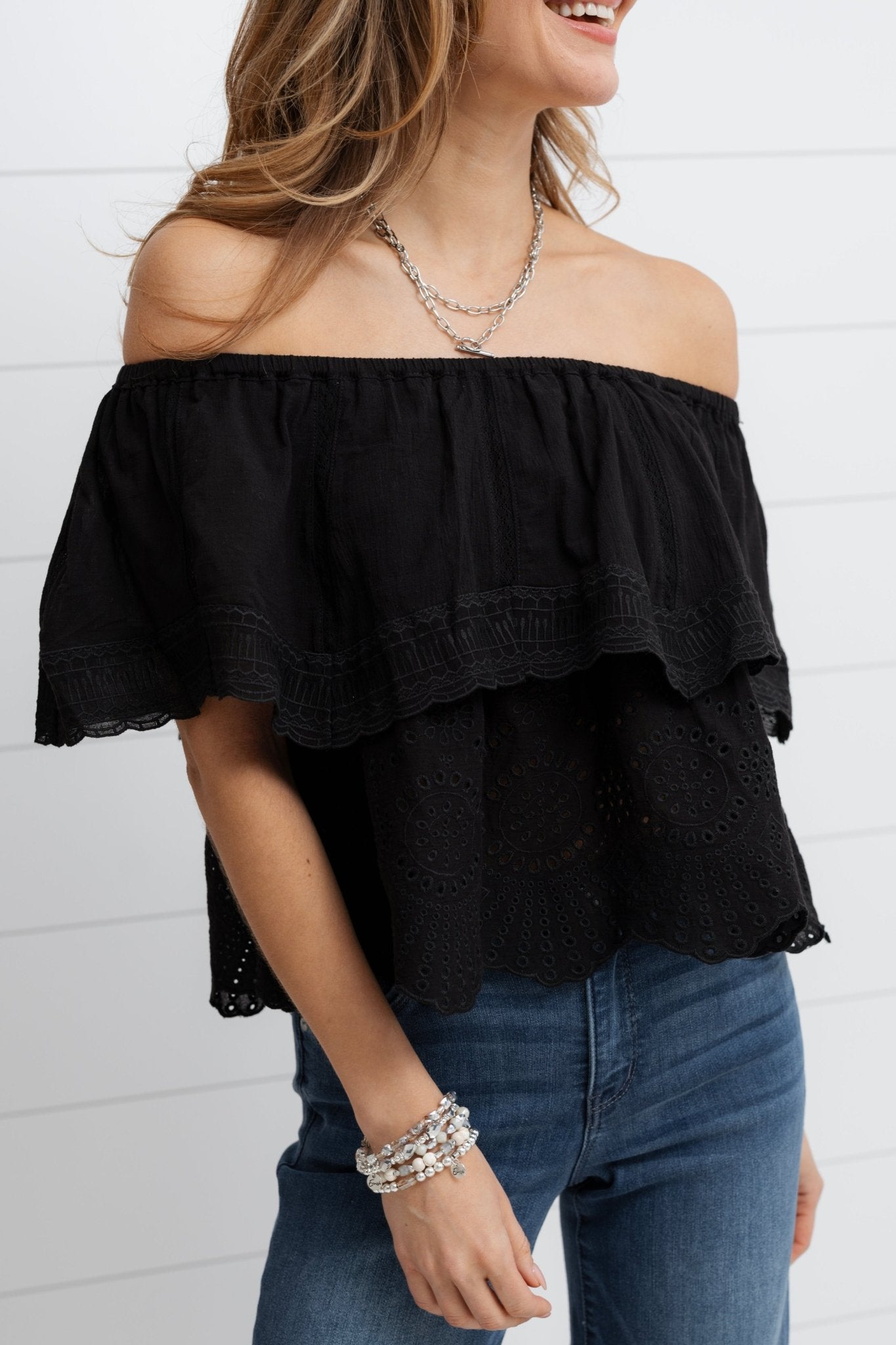 Eyelet Off The Shoulder Eyelet Top - Black - Mainstream Boutique