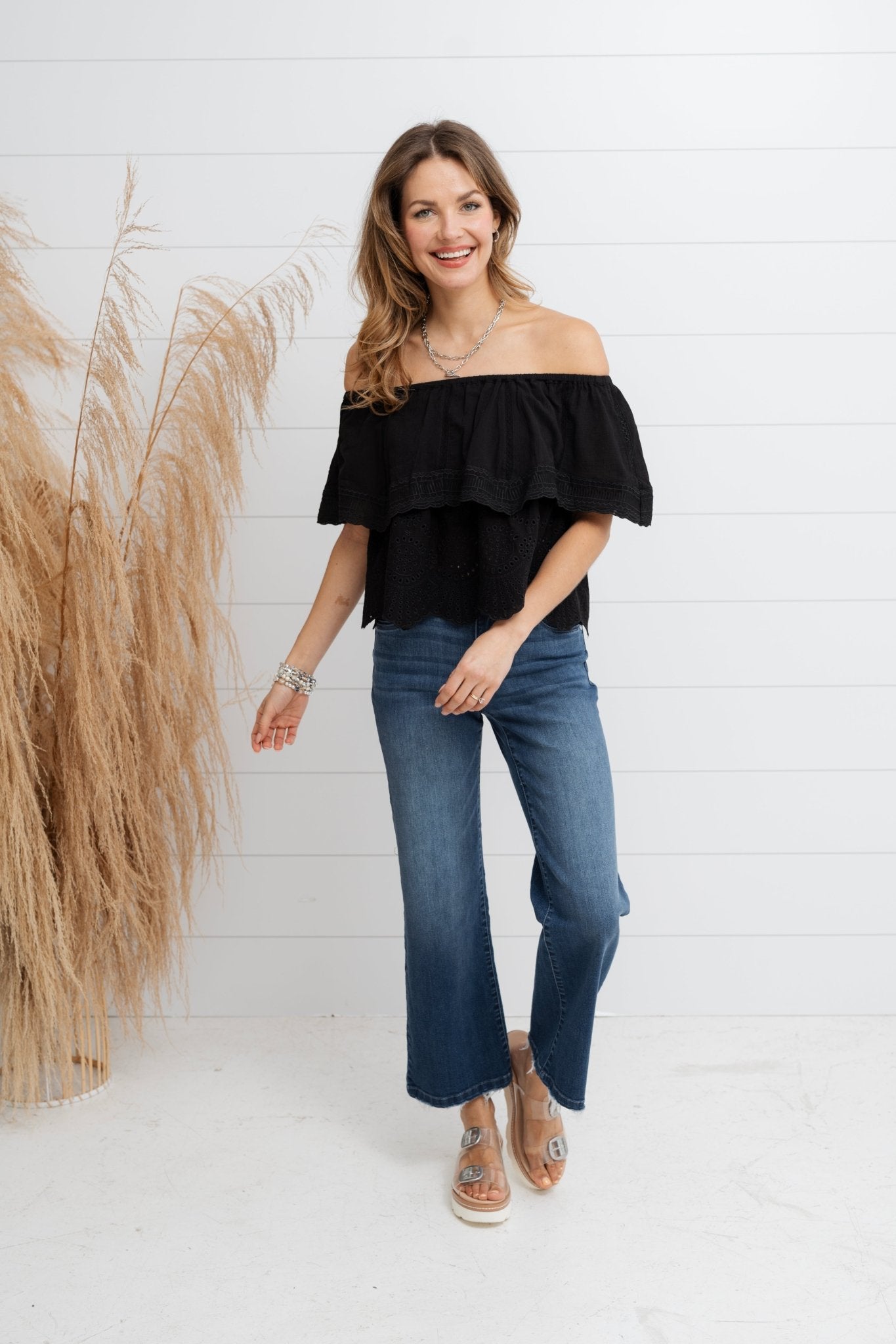 Eyelet Off The Shoulder Eyelet Top - Black - Mainstream Boutique