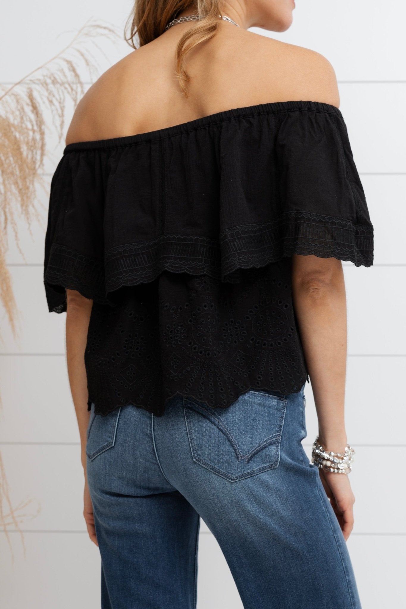 Eyelet Off The Shoulder Eyelet Top - Black - Mainstream Boutique
