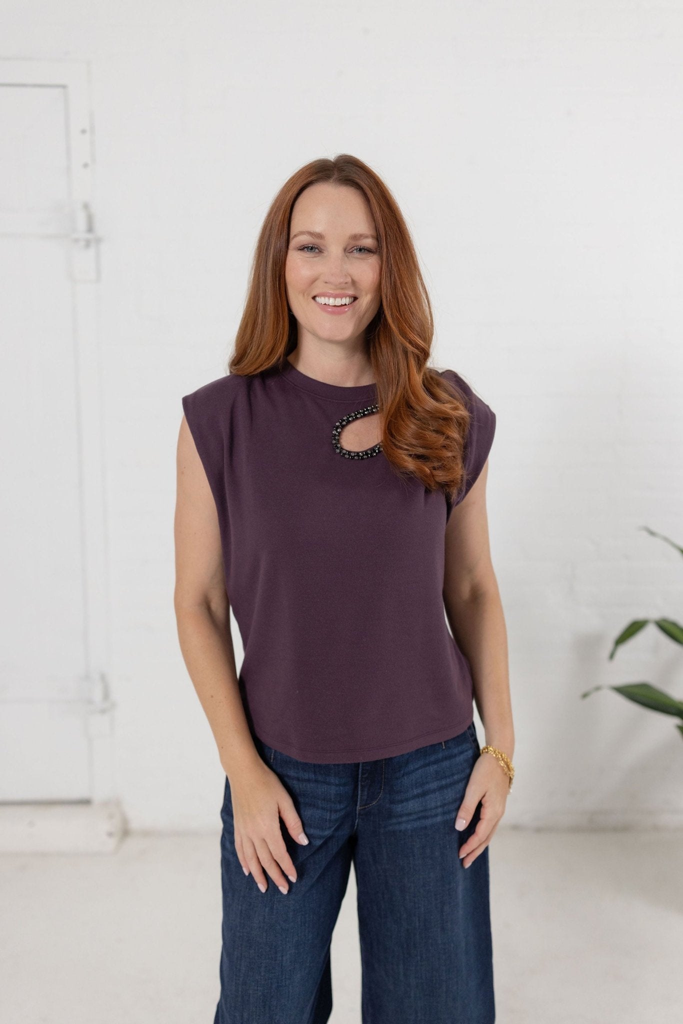 Extended Cap Sleeve Rhinestone Cut Out Top - Mainstream Boutique