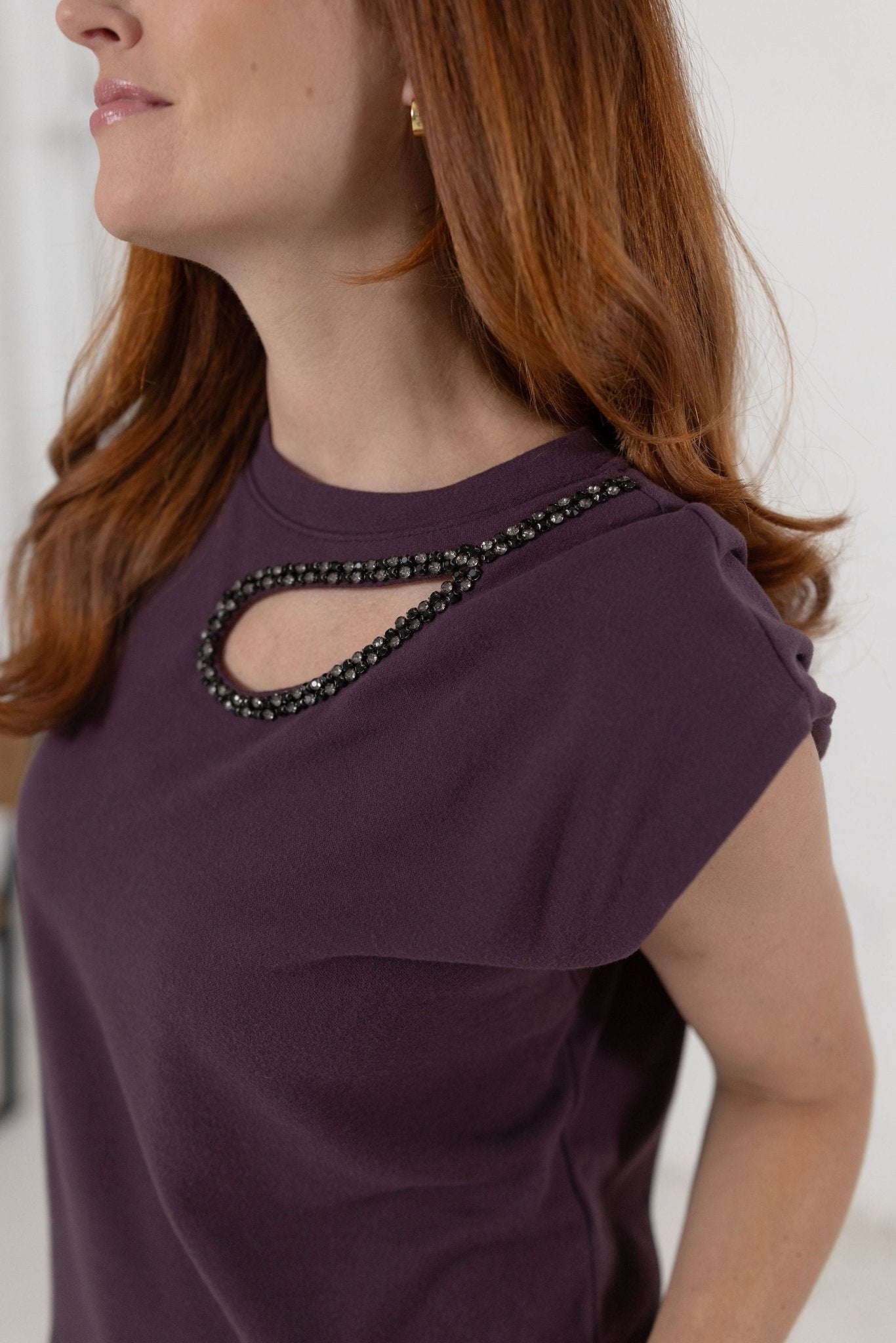 Extended Cap Sleeve Rhinestone Cut Out Top - Mainstream Boutique