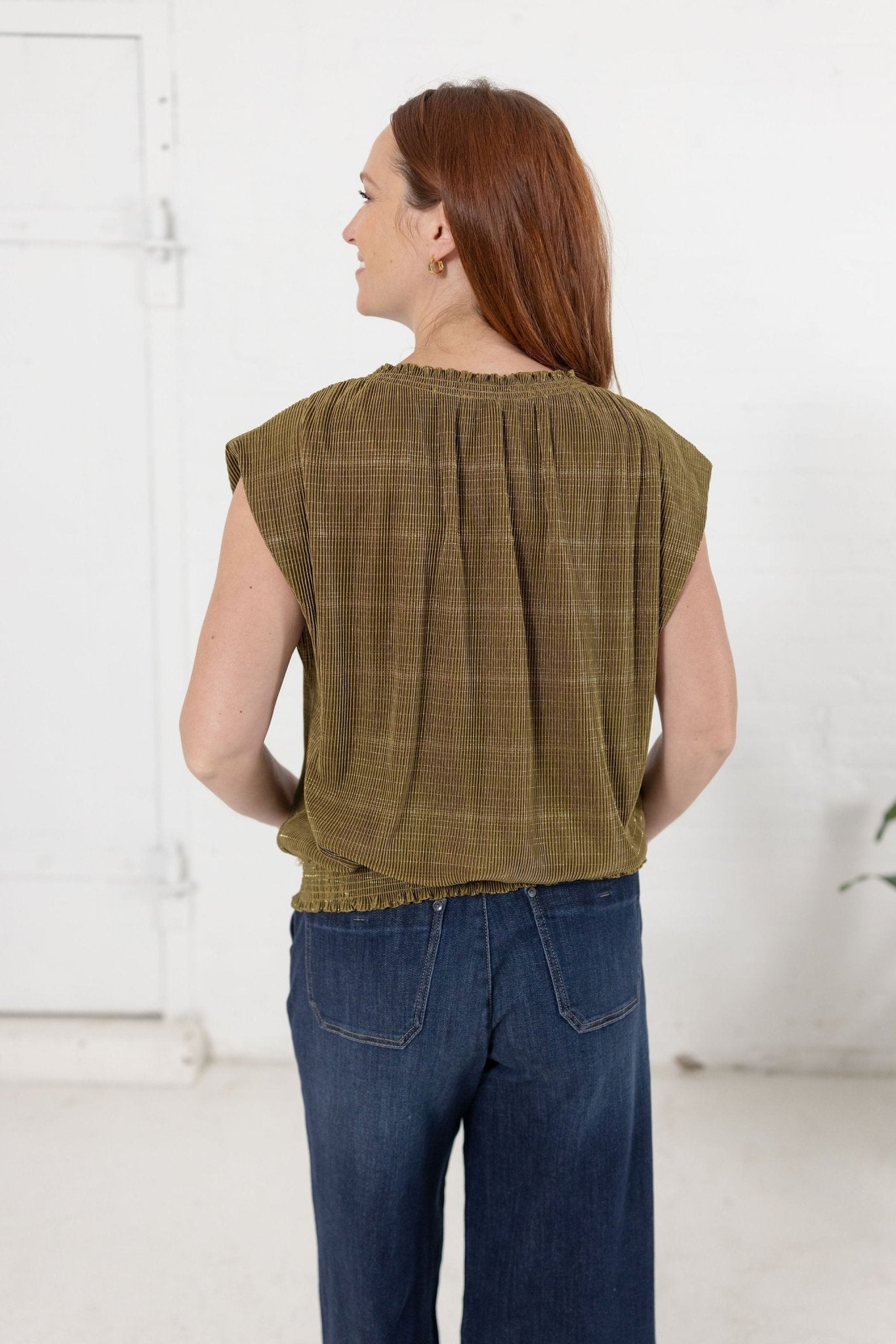 Smock Crew Neck & Hem Foil Border Top - Mainstream Boutique