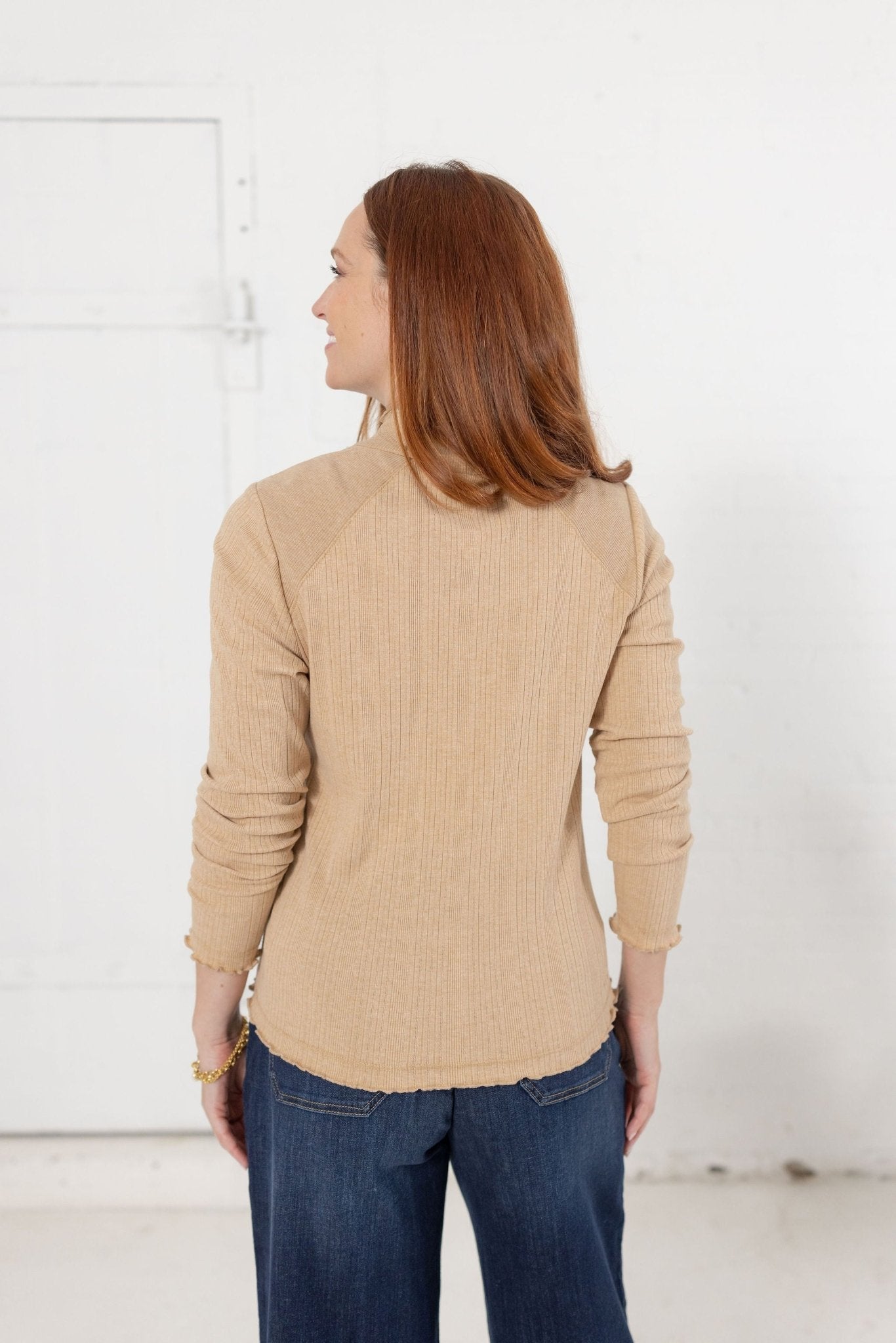 Mock Neck Mixed Media Knit Top W/ Lettuce Edge - Mainstream Boutique