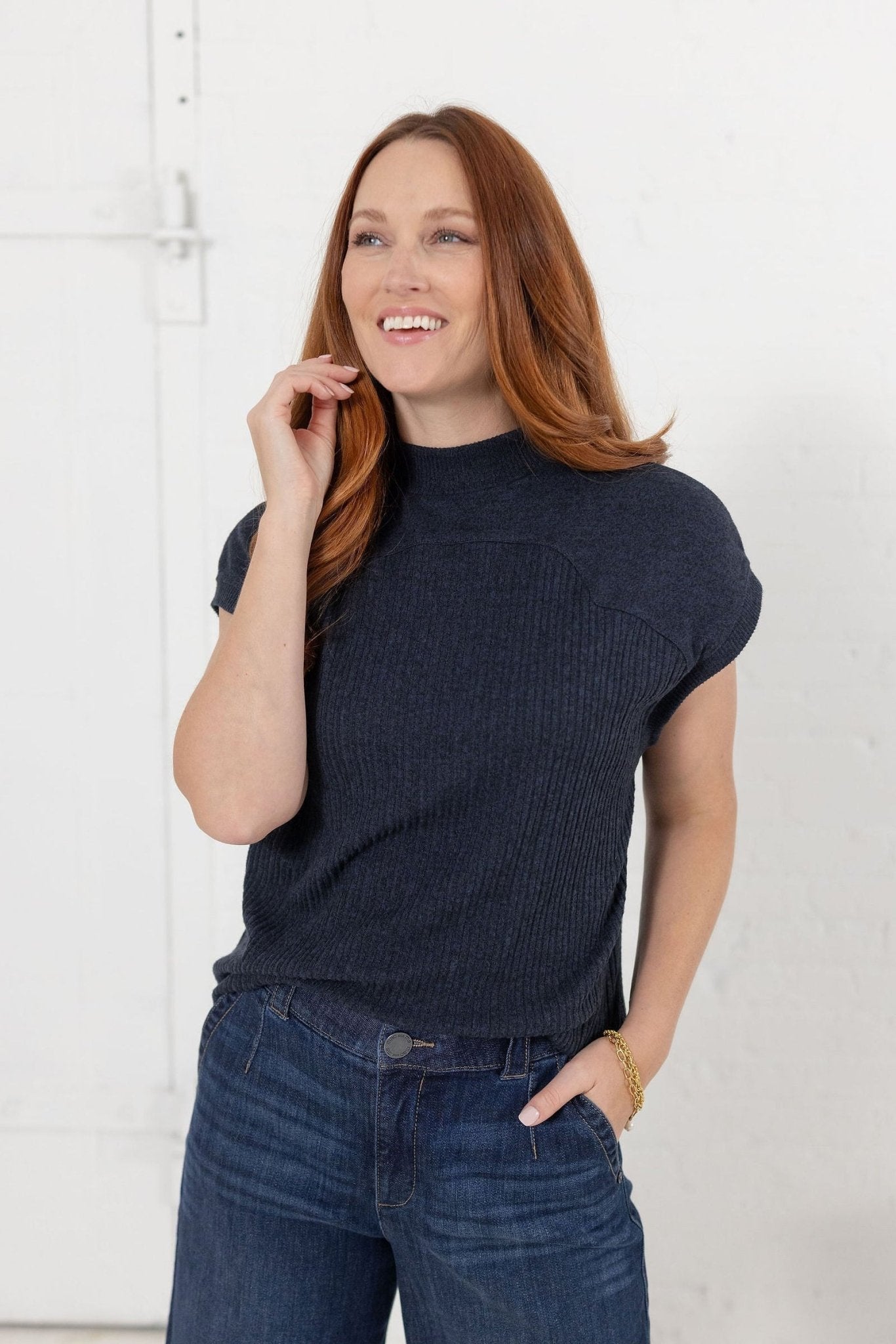 Mock Neck Mixed Media Knit Top - Mainstream Boutique