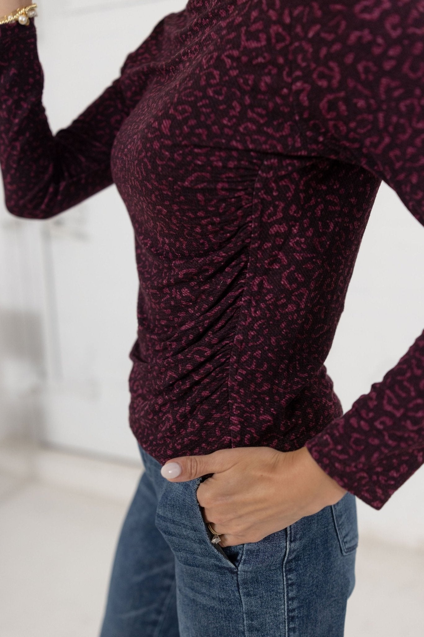 Mock Neck Asymmetrical Ruched Side Printed Top - Mainstream Boutique